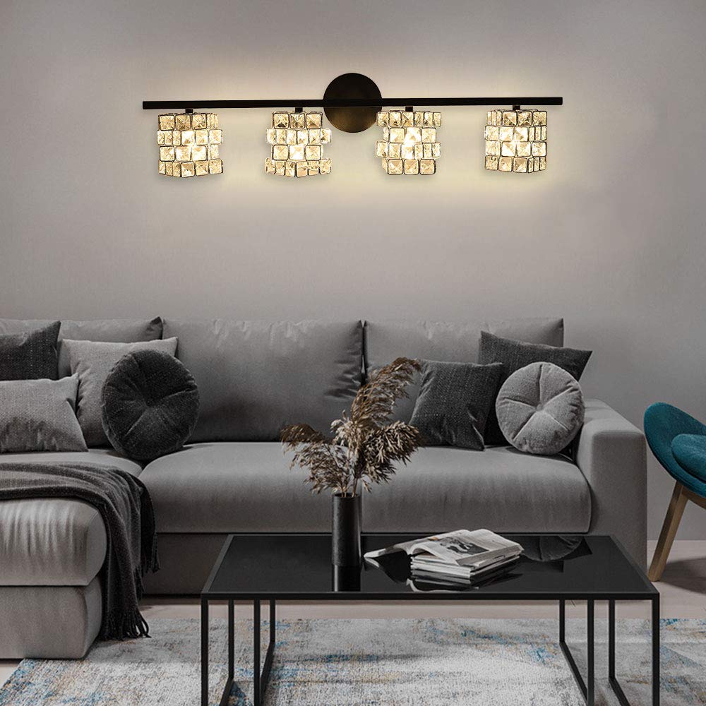 BDL Bathroom Vanity Light Fixture, 4 Lights, Black Crystal Shade, Model 8800-4T, Modern Wall Sconce (Bulb Excluded)
