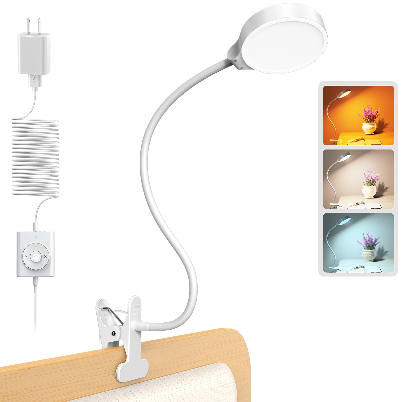 Glocusent 5W Clip-on Light, 36 LED Reading Lamp, 3 Colors & 5 Brightness, Model GLCSNTBL201, White