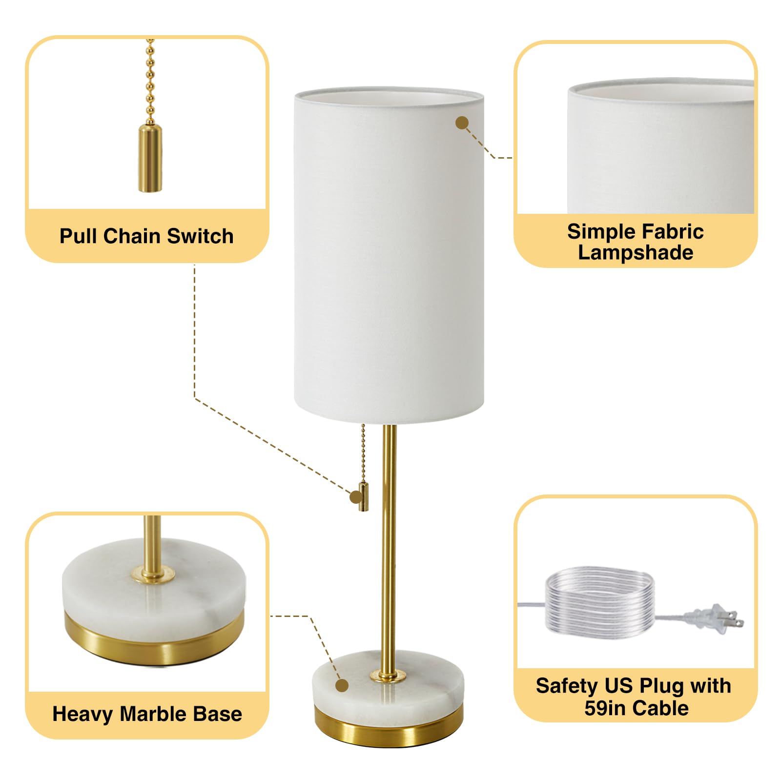 Luvkczc Desk Lamp Set of 2 - Modern Small Table Lamps with Marble Base, Fabric Shade, Gold, 066 for Bedroom, Living Room, Office