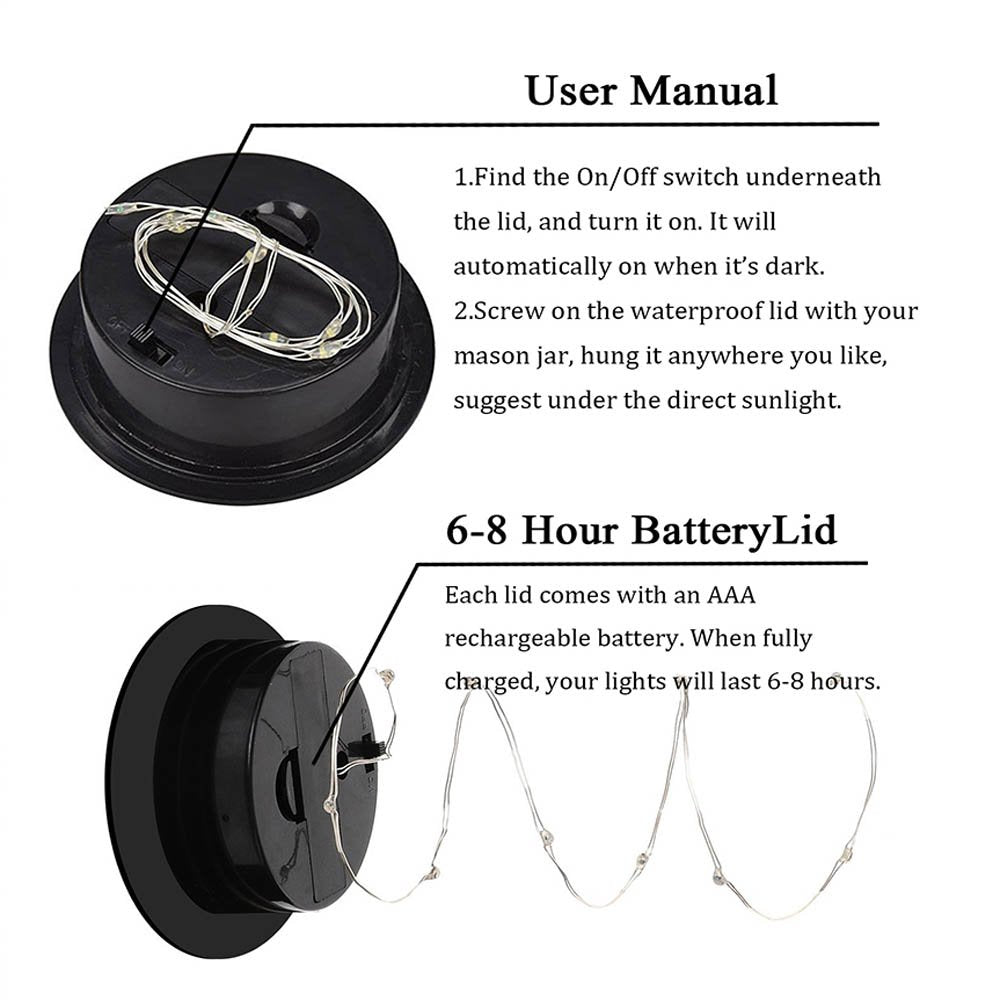 6 Pack Mason Jar Lights, 10 Led Solar Warm White Fairy String Lights Lids Insert For Garden Deck Patio Party Wedding Christmas D