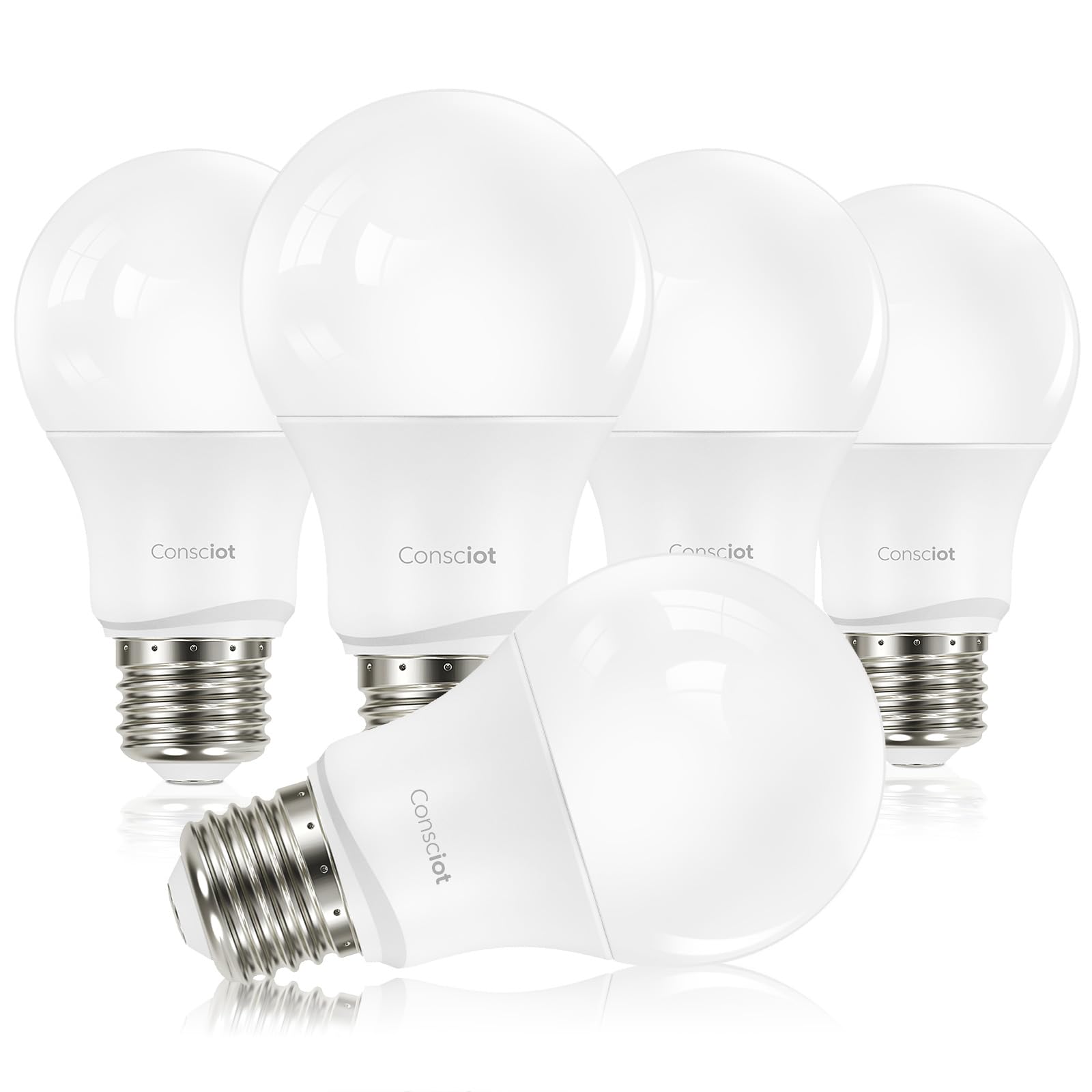 Consciot A19 LED Light Bulbs Dimmable 60W Equivalent 5000K Daylight White 9W 800 Lumens E26 Standard Base UL Listed Lighting for Bedroom Living Room Home Office 5 Packs