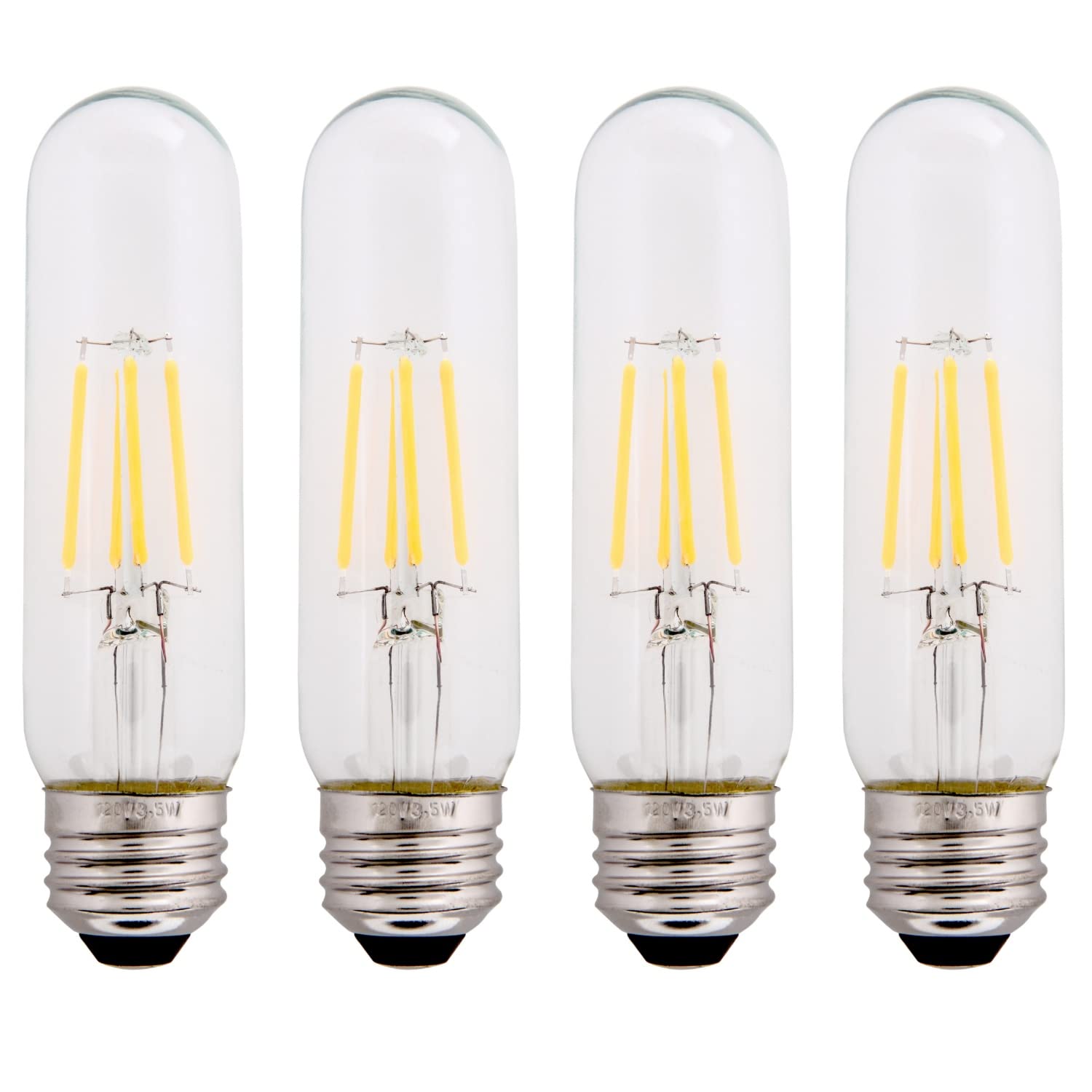 Creative Hobbies Clear 3.5W Led T10 Tubular Light Bulb - Nickel Plated E26 Medium Base (40 Watt Equivalent) | 4 Pack