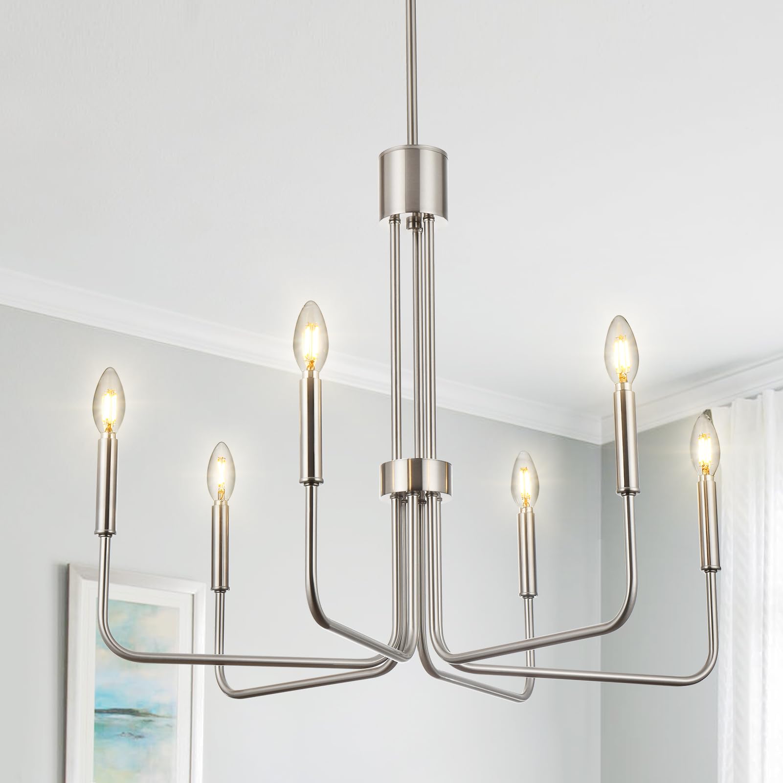 Brushed Nickel Chandelier, 6 Lights Farmhouse Dining Room Light Fixture, Chrome Metal Candle Chandelier, 28 Inch Pendant Ceiling