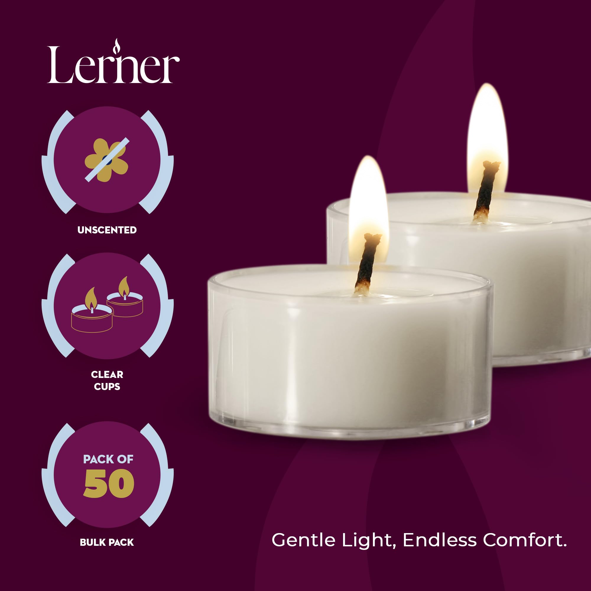 Lerner Tealight Candles In Clear Cups  100 Count| 6 Hours Long-Burning White Tea Light Candles| Non-Toxic  Smokeless & Soot-Free Tea Light Warmer Candles | Unscented Party  D?Or  Shabbat Tea Candles