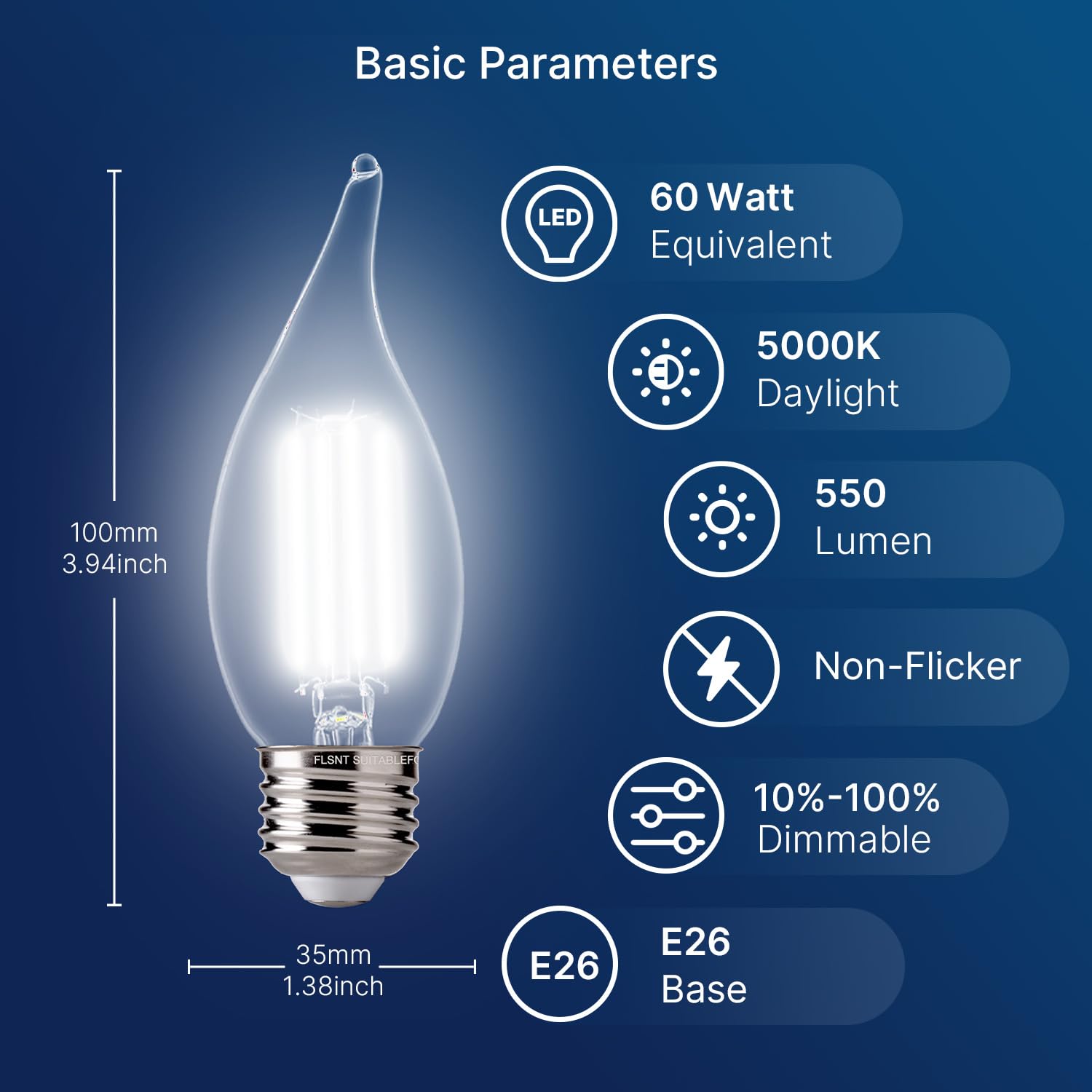 Flsnt 5000K Daylight Led Chandelier Edison Bulbs, 60W Equivalent, Dimmable Ca11 E26 Base Led Candelabra Bulbs, 550Lm, 6 Pack Ul,