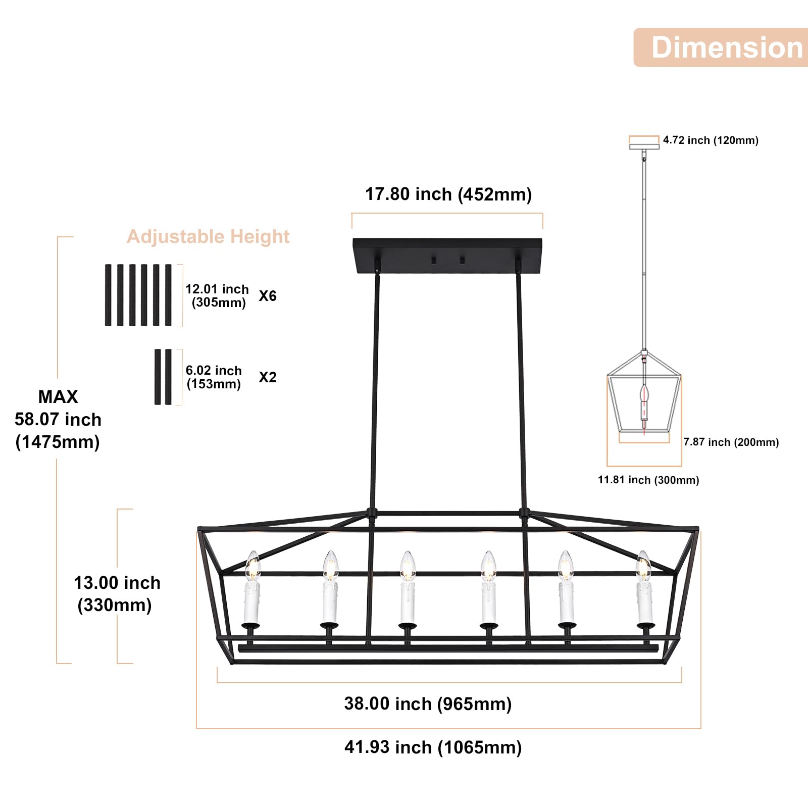 Winshen 6-Light Black Island Lighting  Industrial Pendant Light Fixtures Candle-Style For Kitchen Dining Room Living Room  E12 Bulb Base