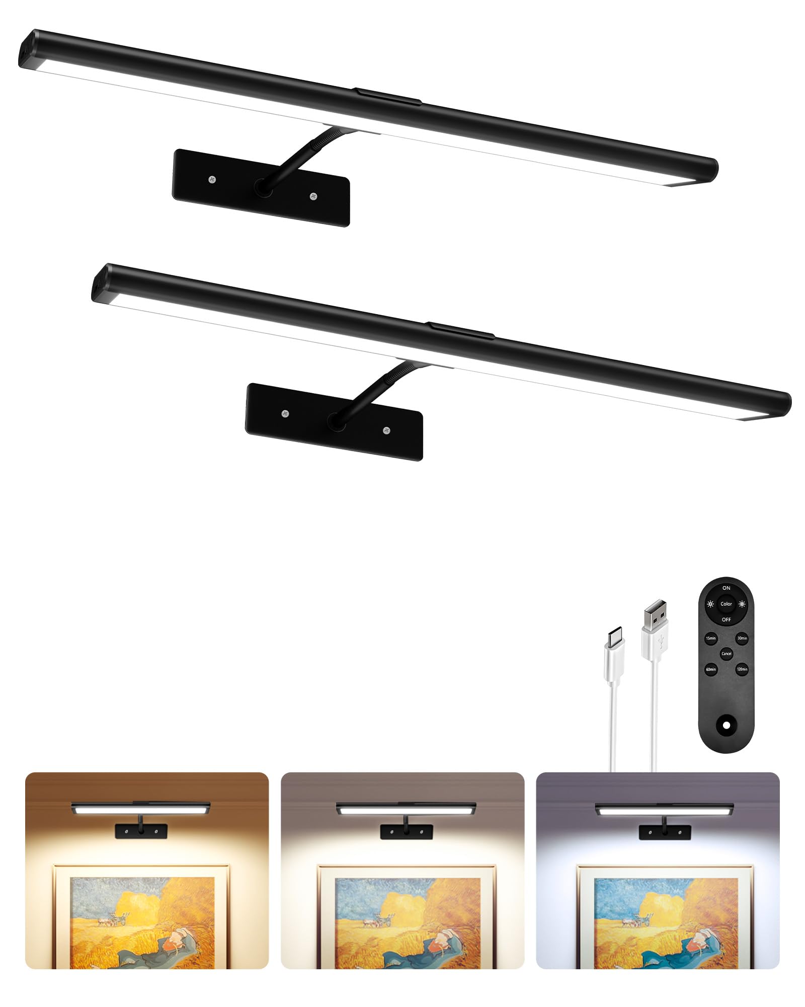 EZVALO Picture Light for Wall, 16 Black Rechargeable 4800mAh Battery Lights Wireless Remote, Dimmable Magnetic LED Art Paintin