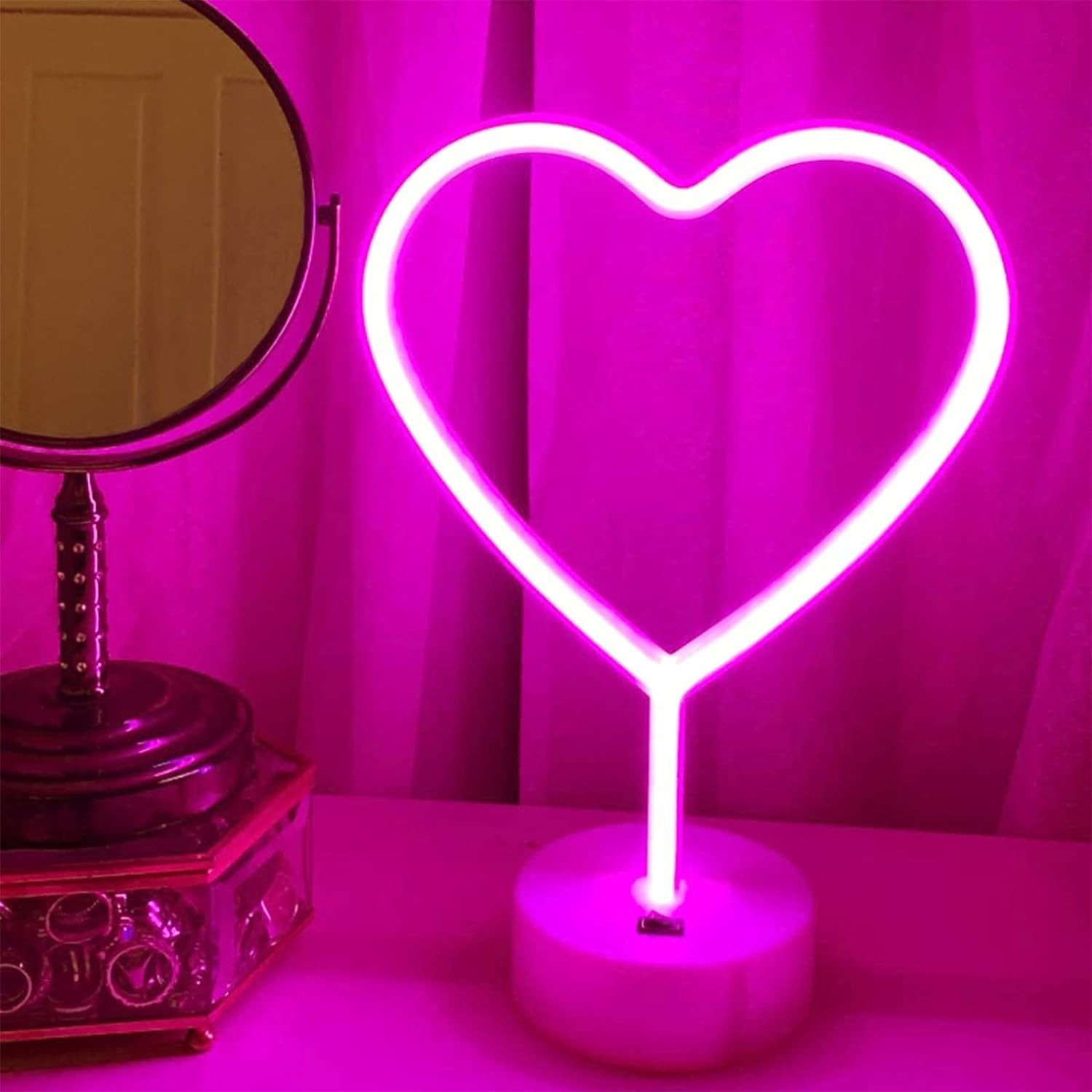 BHCLIGHT Pink Heart Neon Sign, LED Light, Battery or USB Powered, Table Decor for Room, Dorm, Wedding, Anniversary, 1PK