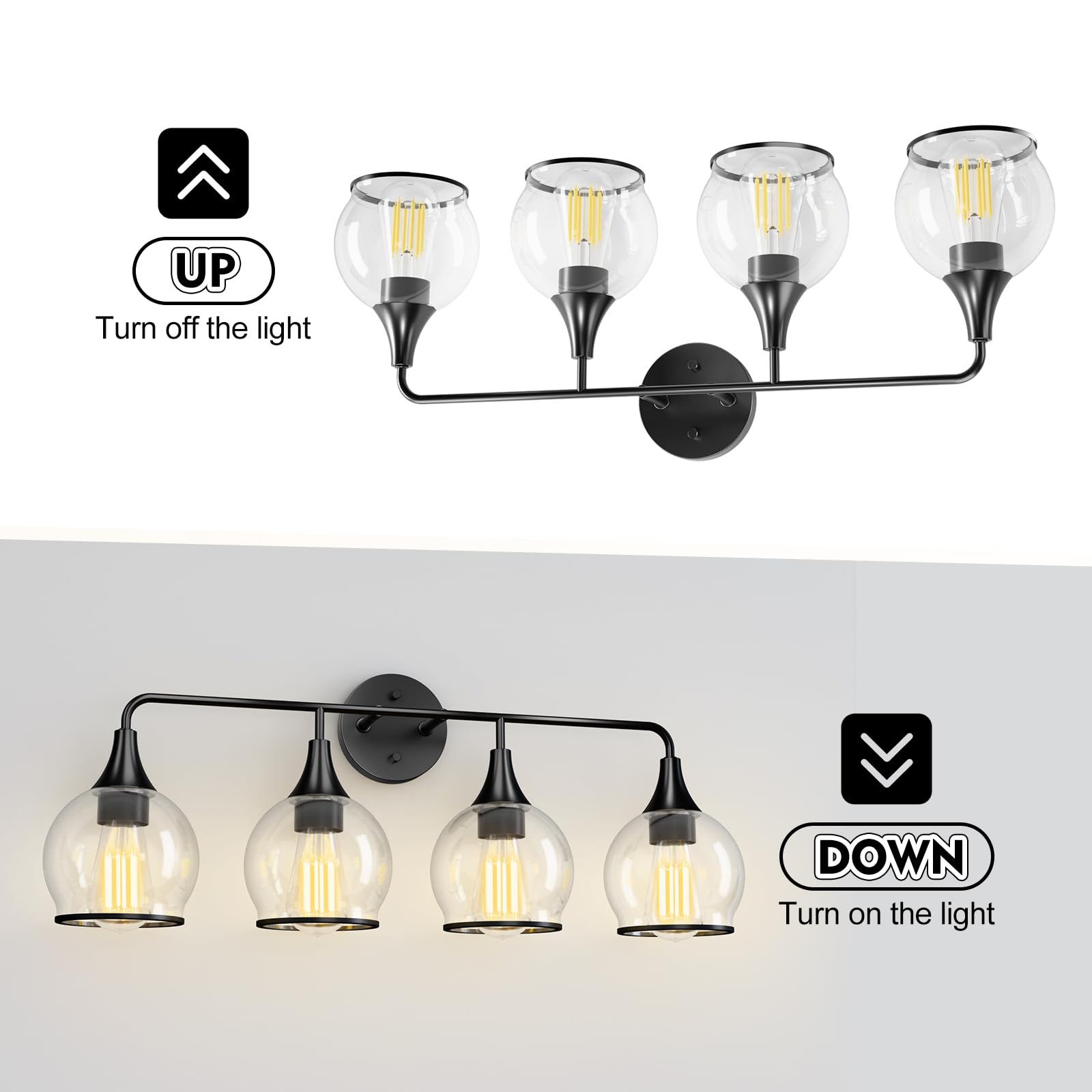 Lightania Bathroom Light Fixtures, 4-Light Vanity Lights with Clear Globe Glass Shade, Modern Black Bathroom Vanity Light, Bathr