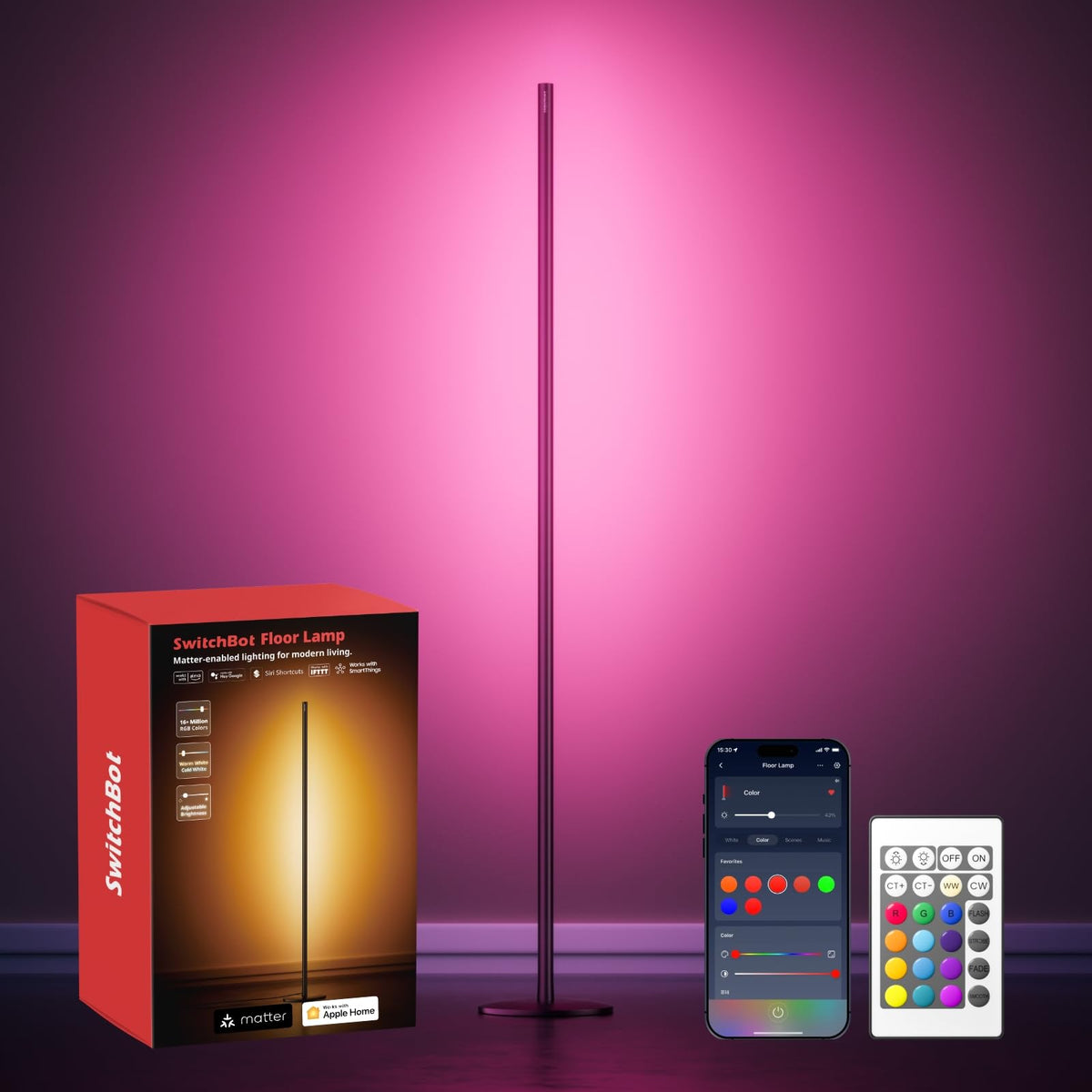 Switchbot Floor Lamp With Matter, Rgb, Warm Cool White, Corner Floor Lamp Compatible With Apple Home, Alexa, Google Home, 1200Lm