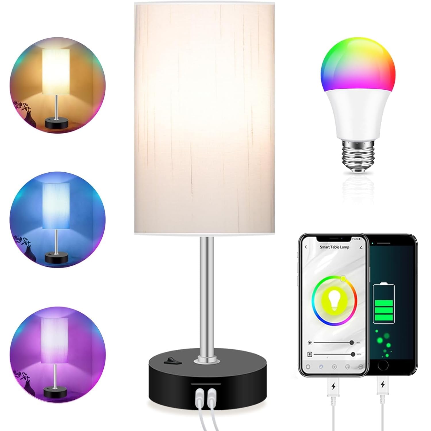 Peteme Smart RGB LED Bedroom Lamp, Dimmable Nightstand Light with 2 USB Ports, Off-White, Wifi-Circular Design