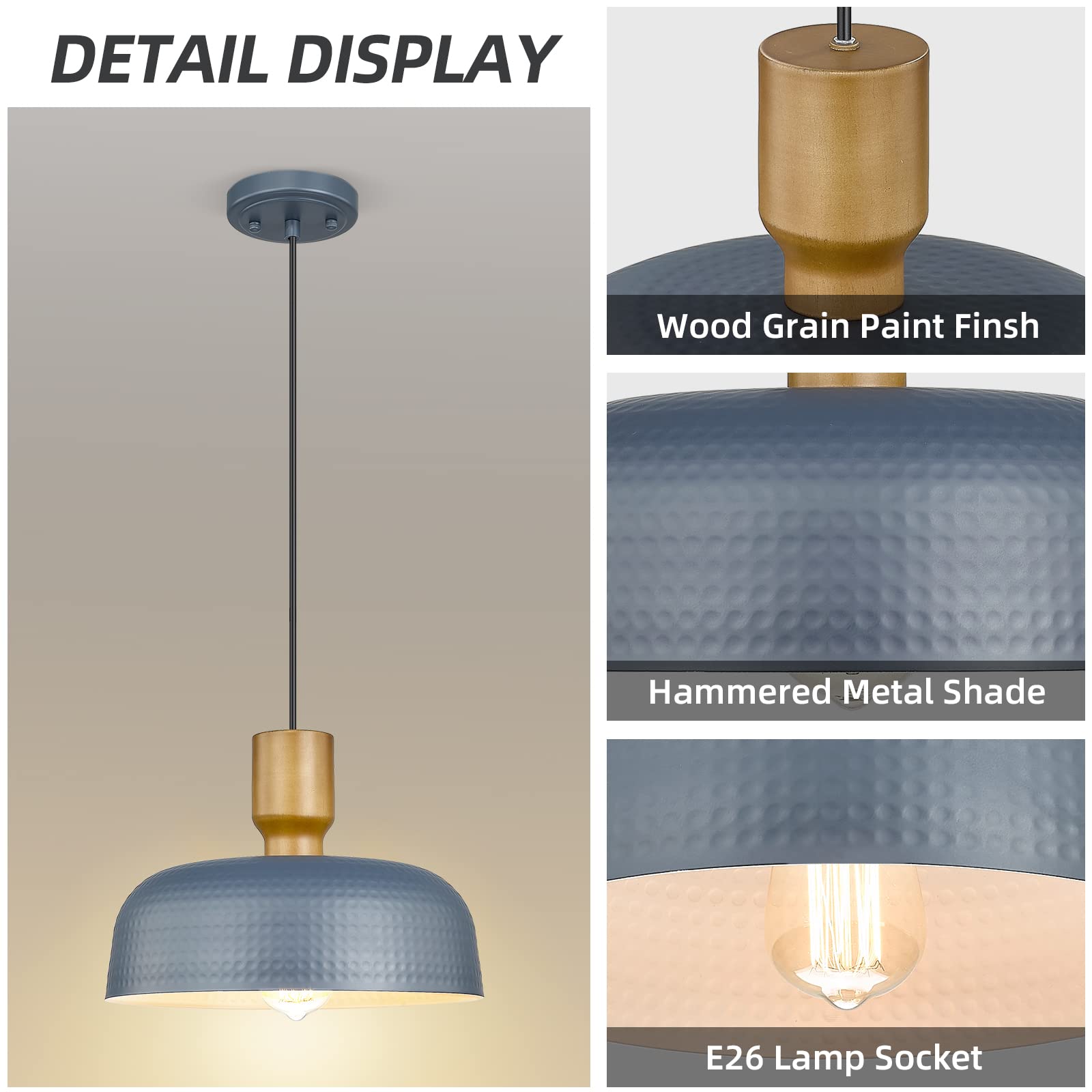 Darkaway Medium Blue Metal Pendant Light Fixture with Hammered Shade, Adjustable Height for Kitchen Island