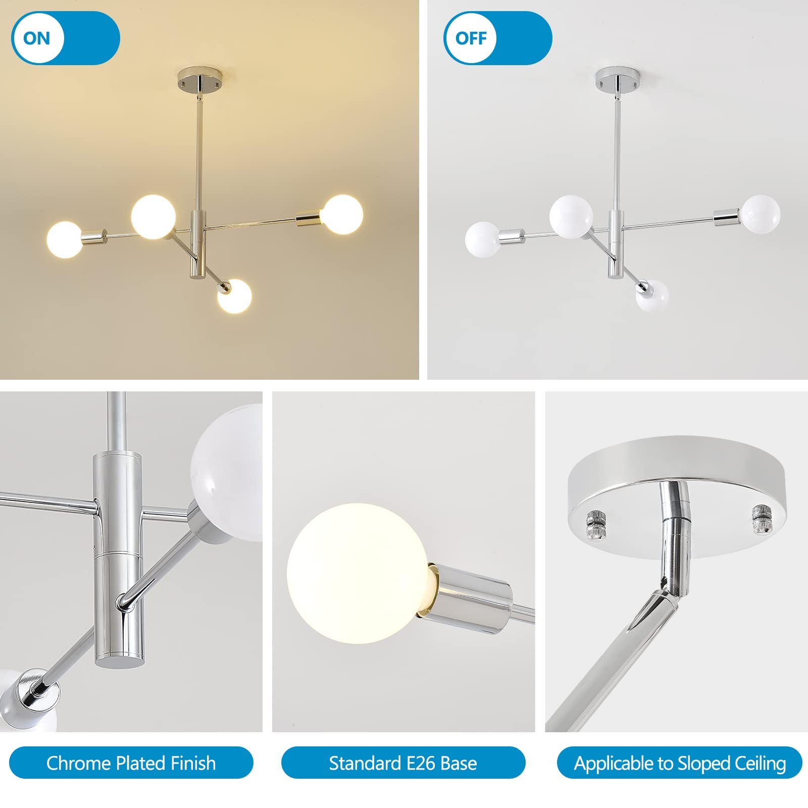 Hhr Modern Sputnik Chandelier, Industrial 4-Light Chrome Ceiling Light Fixture,Height Adjustable Lighting For Kitchen Island,Bed