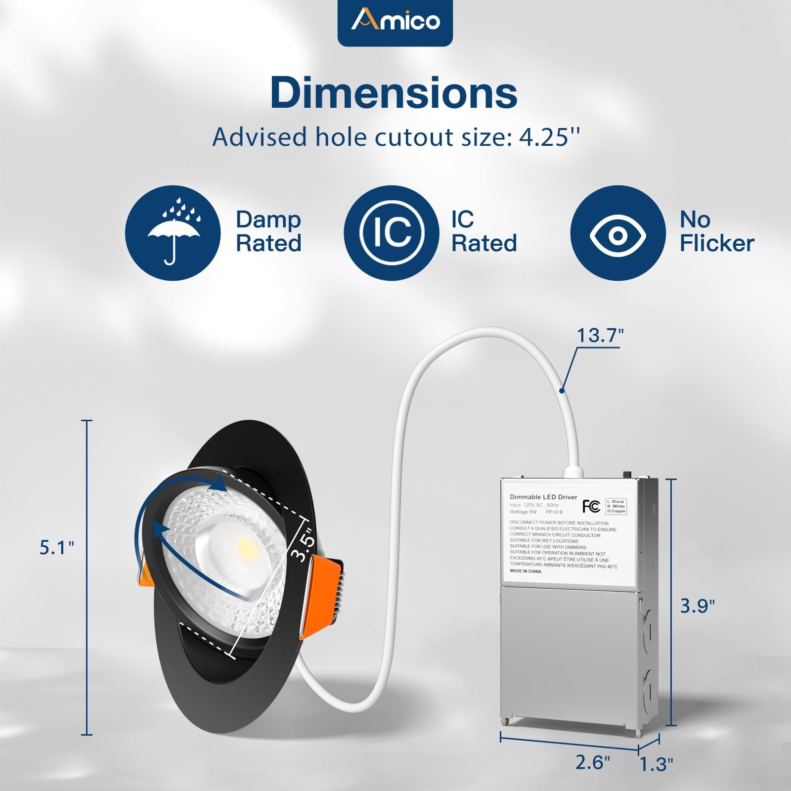 Amico 6 Pack 4 Inch 5Cct Gimbal Led Recessed Lighting  360&90Adjustable Eyeball Directional Downlight  Dimmable  2700K/3000K/3500K/4000K/5000K Selectable  9W 700Lm Cri90+  Black  Etl&Fcc