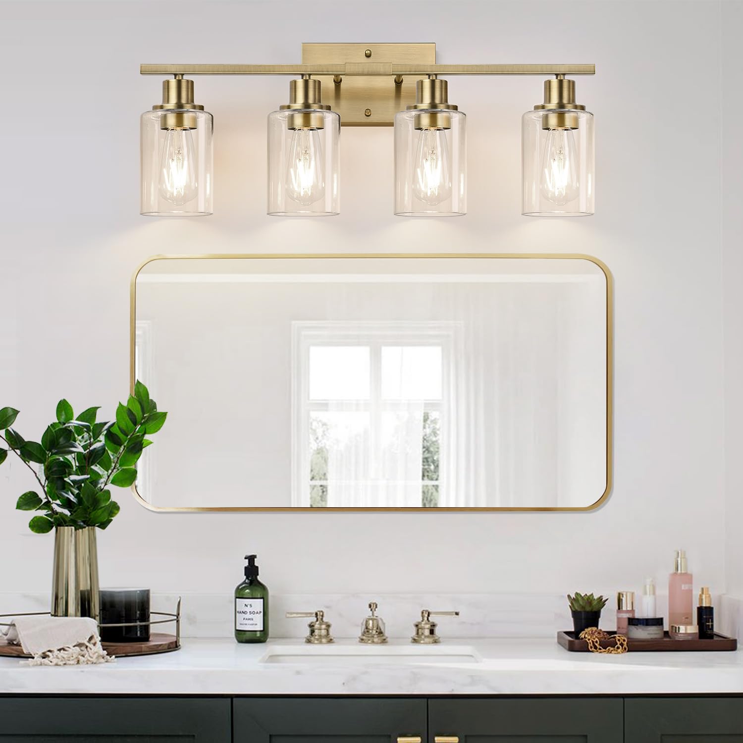 Indoi 4 Light Bathroom Light Fixtures, Brass Vanity Lights For Bathroom With Clear Glass Shades, Modern Bathroom Wall Sconces Fo