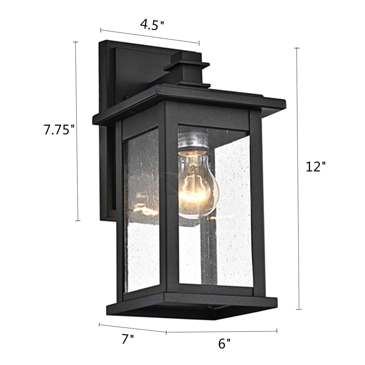 MICSIU Black Outdoor Wall Lantern Light Fixture, 12in H, Metal, Clear Seedy Glass, Model A19007