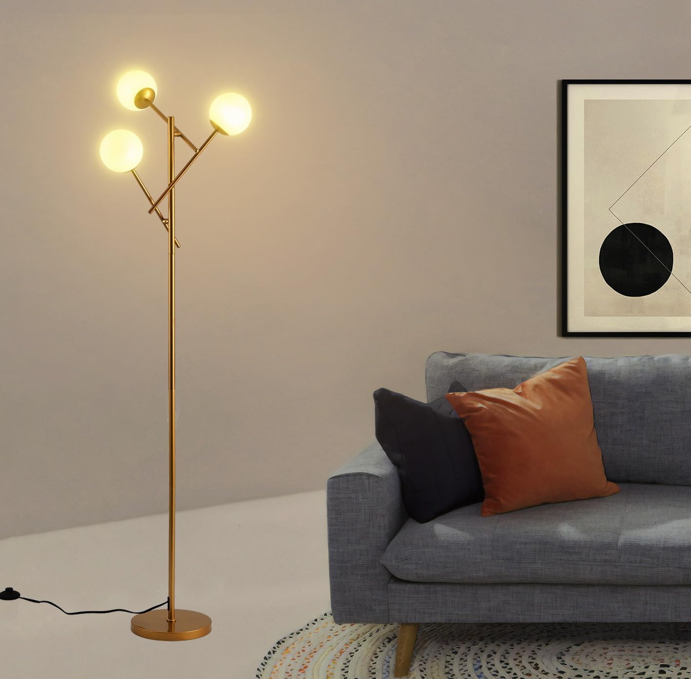 Fiqevs 3 Globe Mid Century Floor Lamp - Modern Gold With Rotatable Glass Shades, Led Bulbs