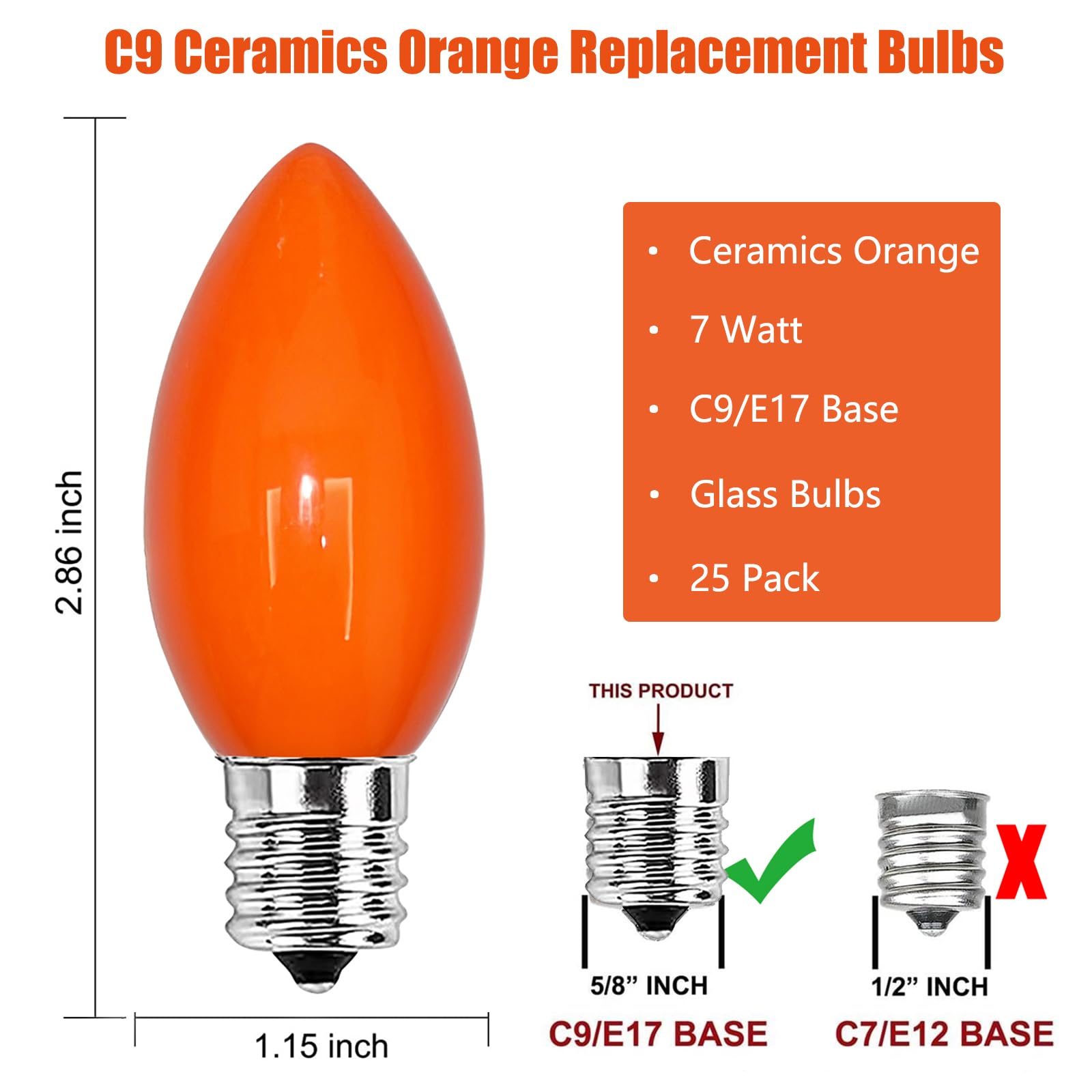 SUNSGNE C9 Orange Outdoor Halloween Night Light Bulbs, 25 Pack, E17/C9 Base, 7 Watt, Glass, Ideal for Indoor/Outdoor Use