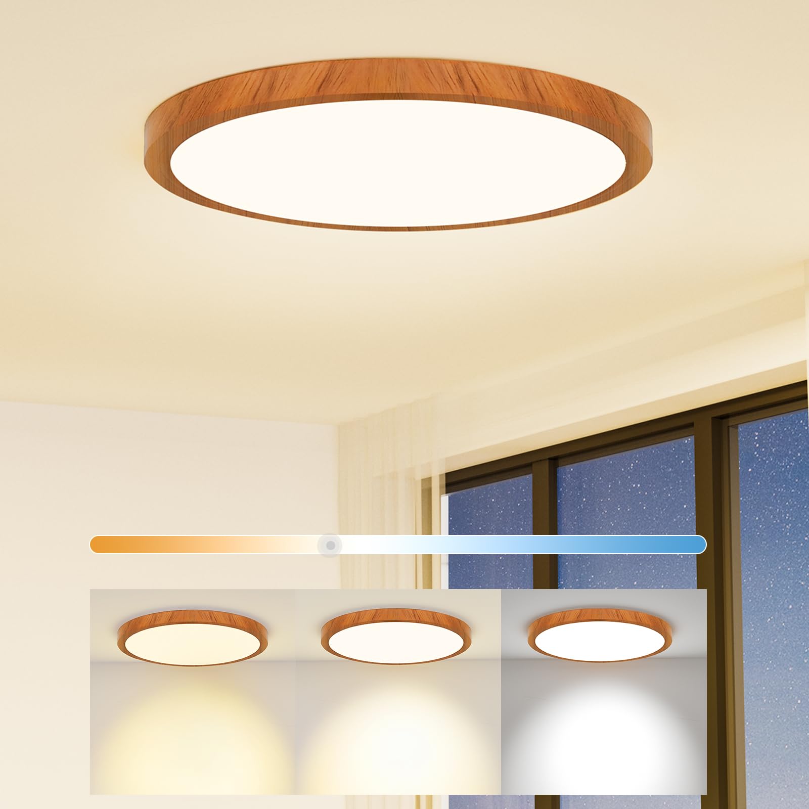 Light Fixtures Ceiling Mount: 12 Inch 24W Wood Grain 3Cct Led Ceiling Light 3000K-4000K-6000K Selectable Flat Low Profile Round Ceiling Lights For Bedroom Laundry Closet Hallway - Walnut