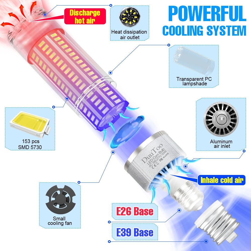 Duutoo 50W Super Bright E26 Led Corn Light Bulb 6000K Daylight Lamp 400Watts Equivalent 6348Lumens E39 Large Mogul Base Led Bulbs 110V Commercial Area Lighting For Factory Courtyard Storage Room Barns