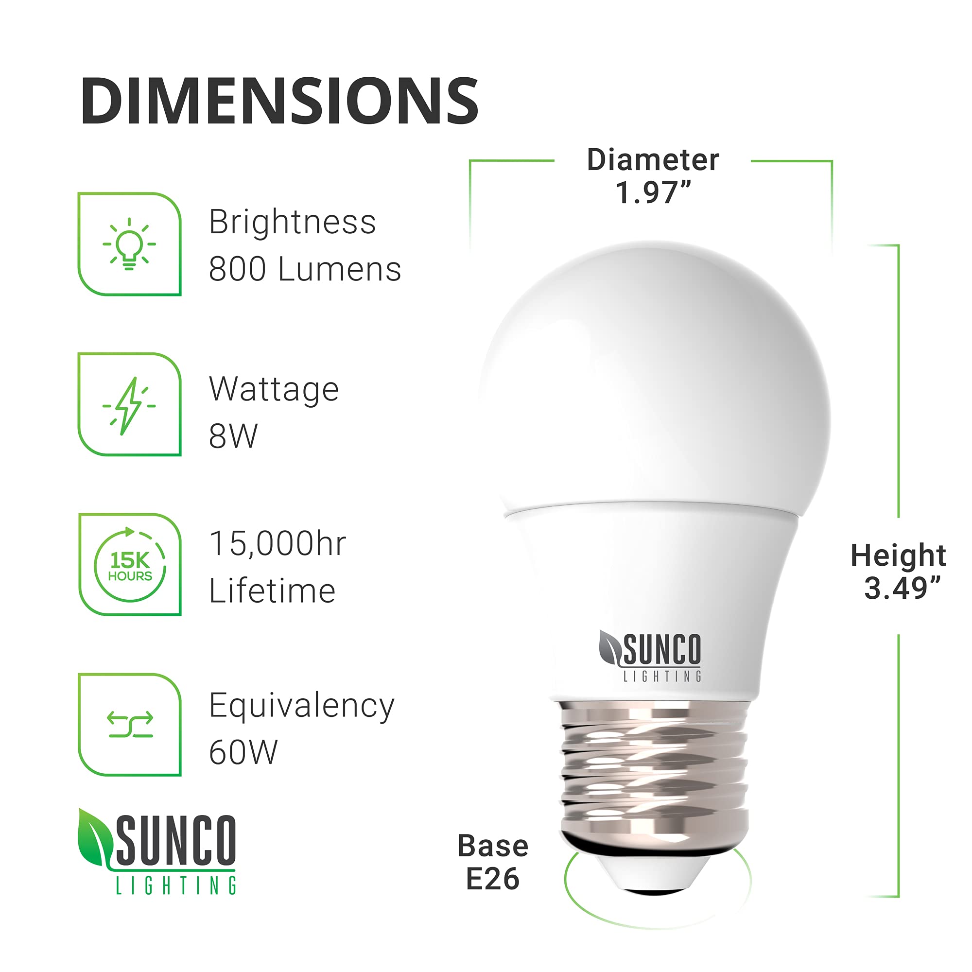 Sunco A15 LED Light Bulbs, 10 Pack, 60W Equivalent, Dimmable, 800 Lumens, 3000K Warm White, E26 Base, UL Listed