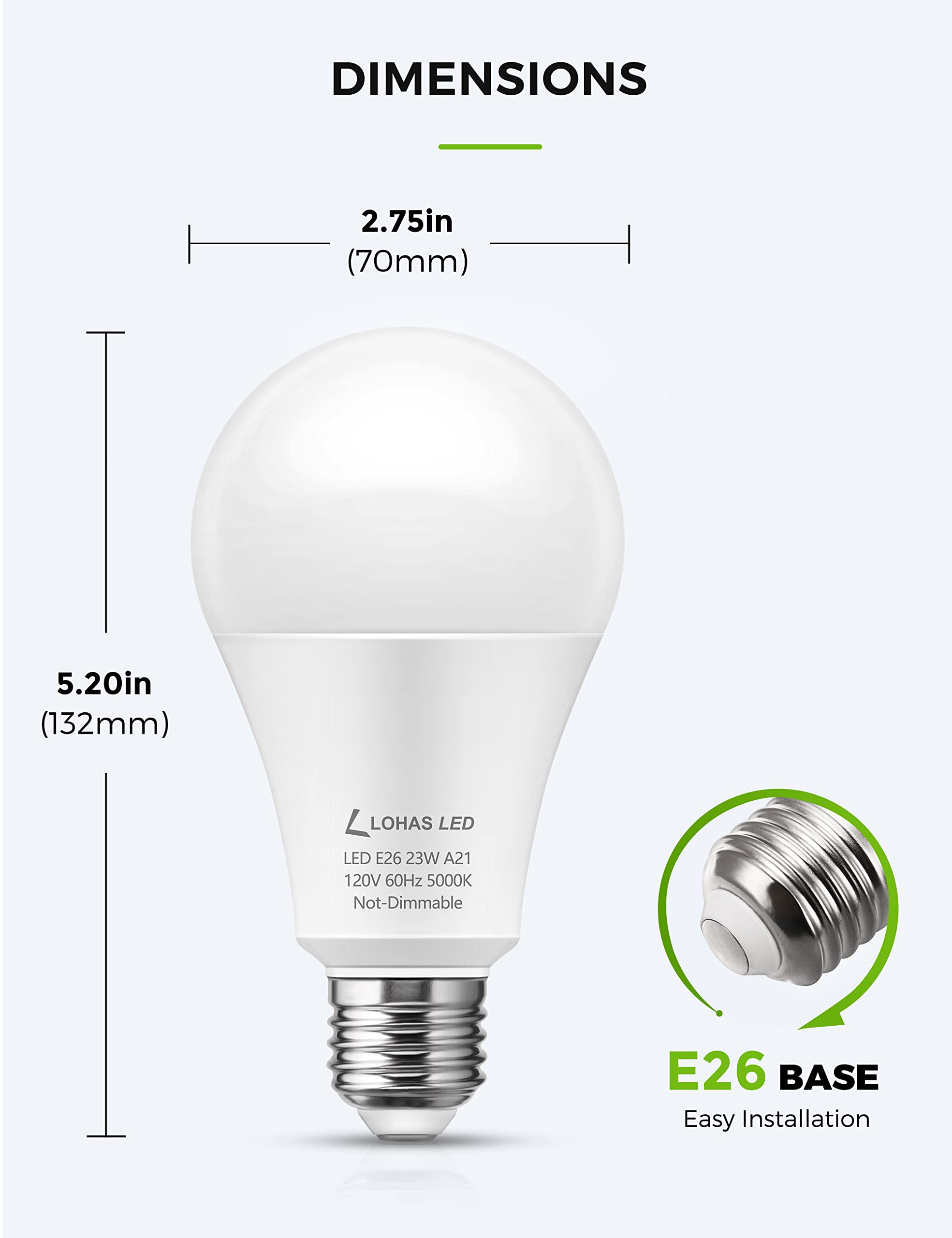 Lohas A21 Bright Led Light Bulb, 150W-200W Equivalent Led Bulbs, 23 Watt Garage Light Bulbs, Daylight 5000K, 2500 Lumen High Wat