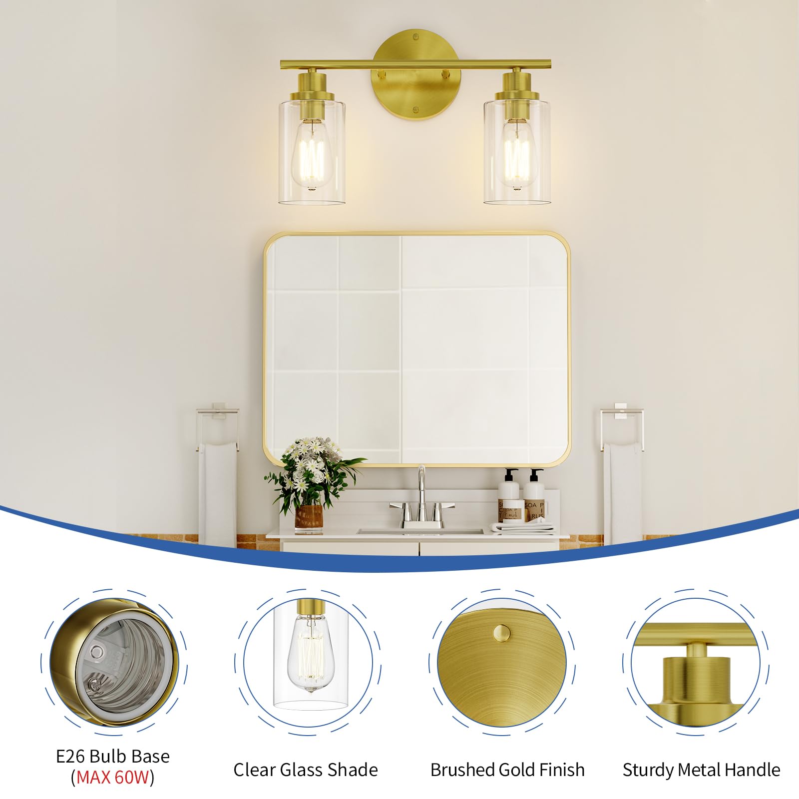 GORDNWE Bathroom Vanity Light Fixtures 2-Light Brushed Gold Metal J0019