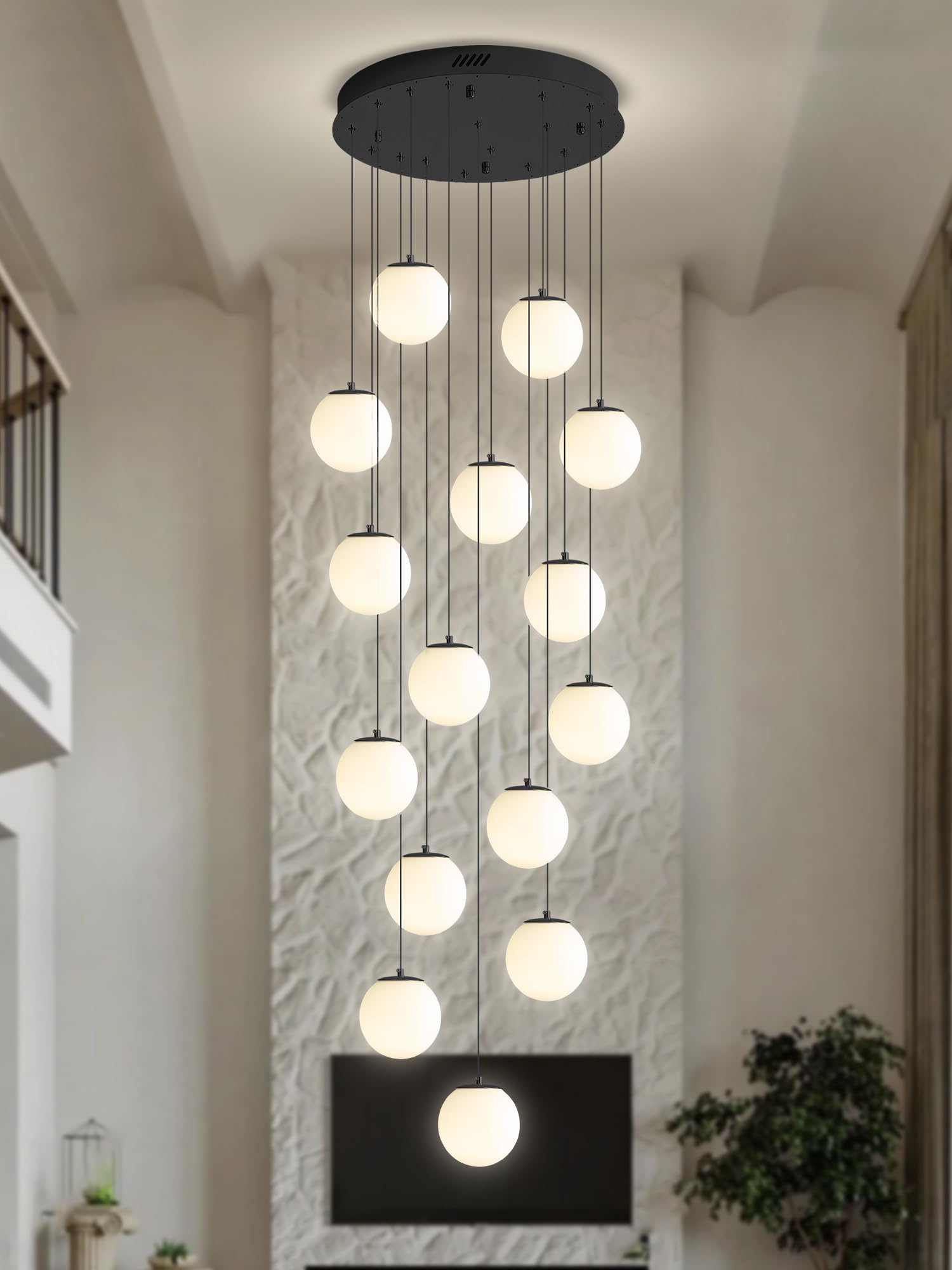 ykolupty 15-Light Black Chandelier with White Globe Glass, Dimmable Ceiling Light for Kitchen, Dining, Living Room, Model TP3016-RB-15H