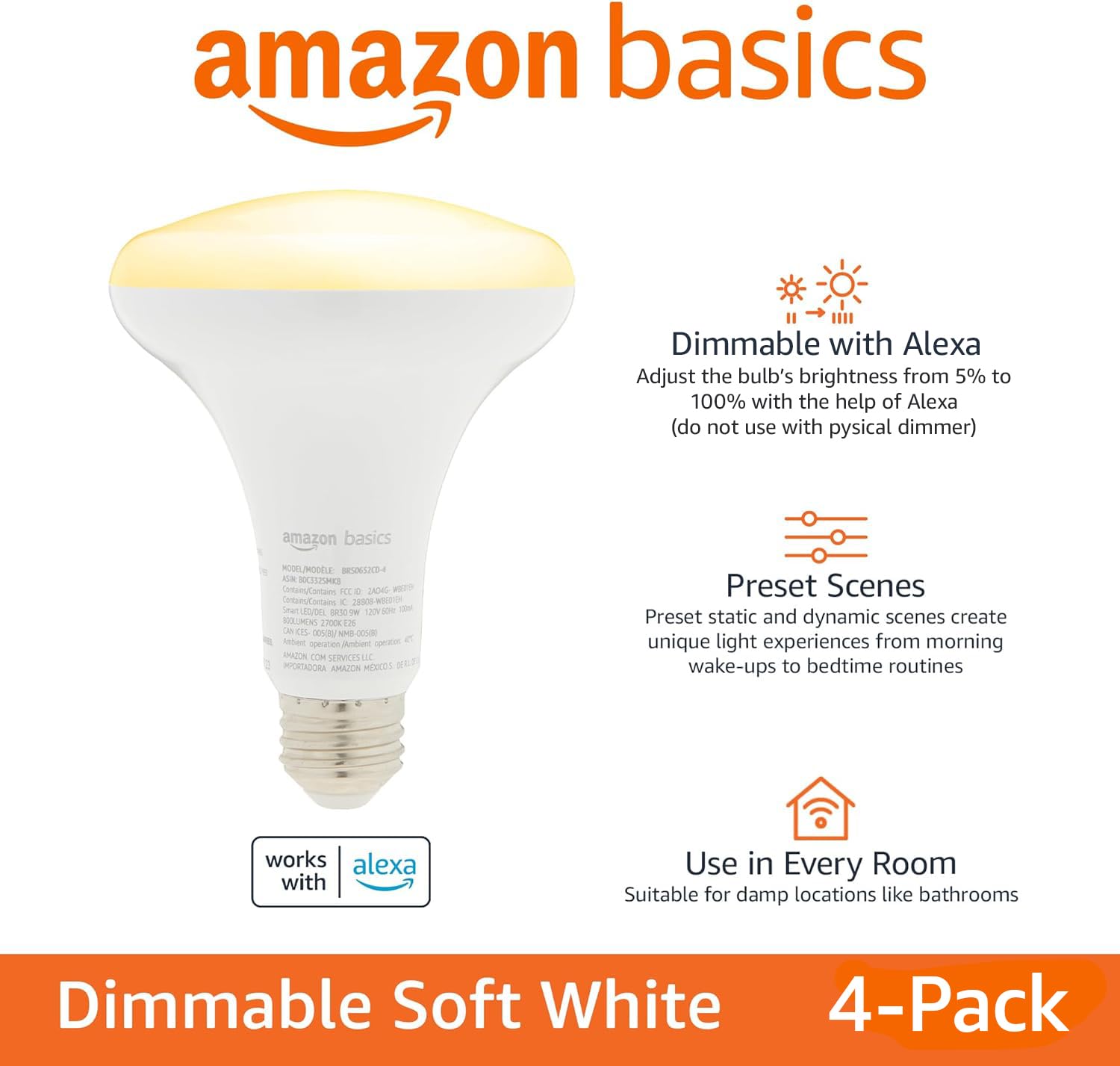 Amazon Basics Smart Br30 Led Light Bulb, Dimmable Soft White (2700K), 60W Equivalent, 800Lm, Works With Alexa Only, 2.4 Ghz Wi-F