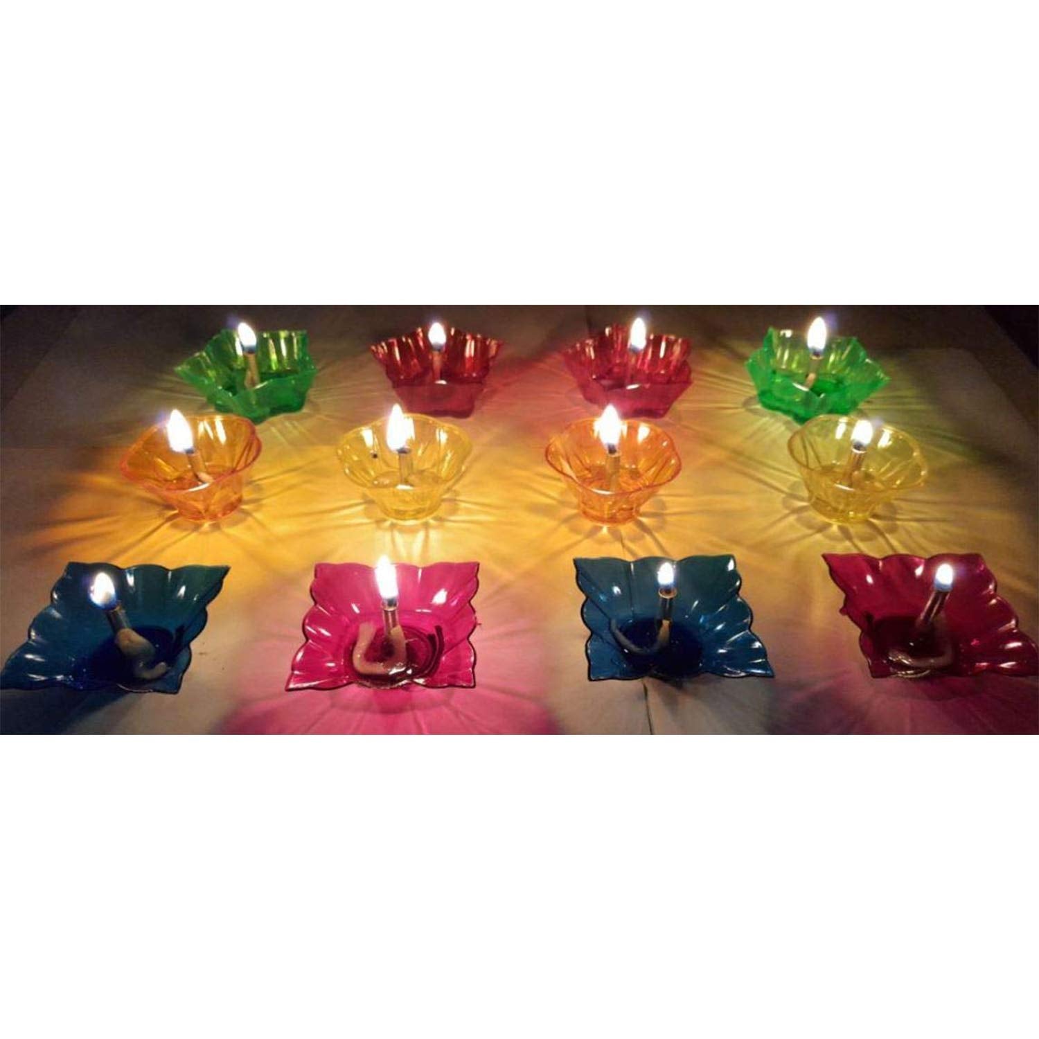 Primelife 12 Designer Transparent Diya Colorful Reflection Diya Combo multicolor Oil Diye for Decoration
