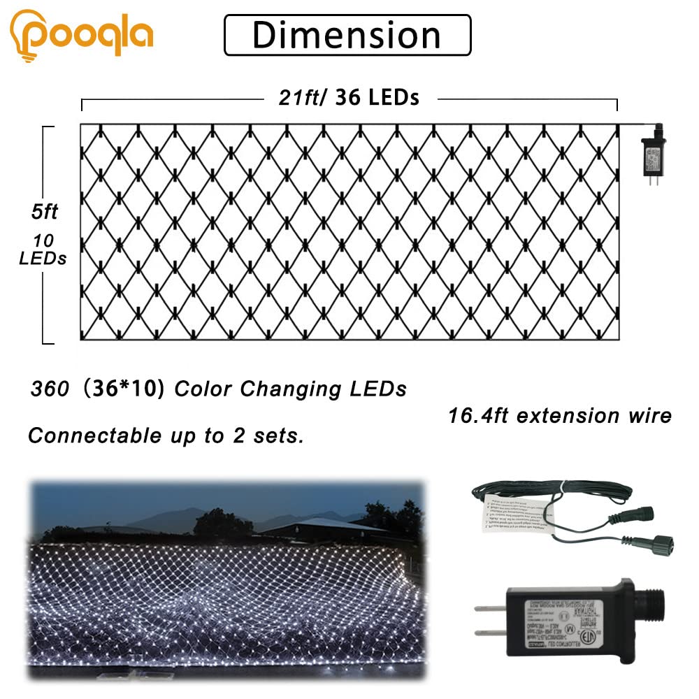 Pooqla Cool White LED Net Lights, 360 LEDs, 21 ft x 5 ft, 8 Modes, Connectable for Outdoor Holiday Decor