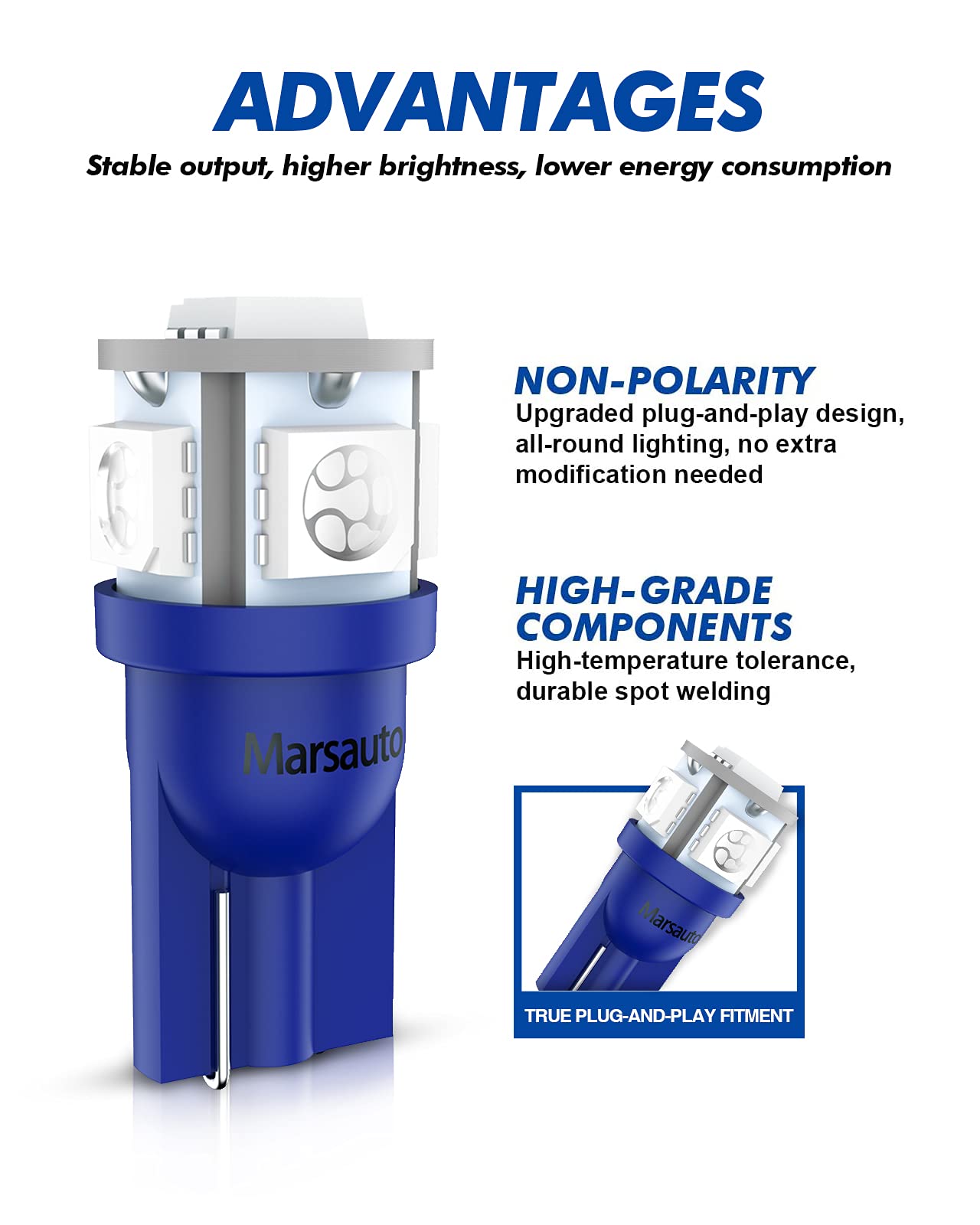 Marsauto 194 Led Bulb Blue 168 T10 2825 5Smd No Polarity Replacement Bulbs For Car Dome Map Door Courtesy License Plate Dashboard Lights Lamp 12V