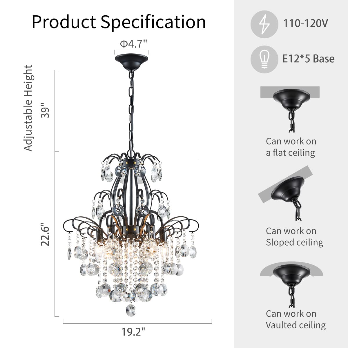 Wuzups 5-Light Black Crystal Chandelier Pendant Light For Bedroom, Kitchen, Bar, H22.6&quot; W19.2