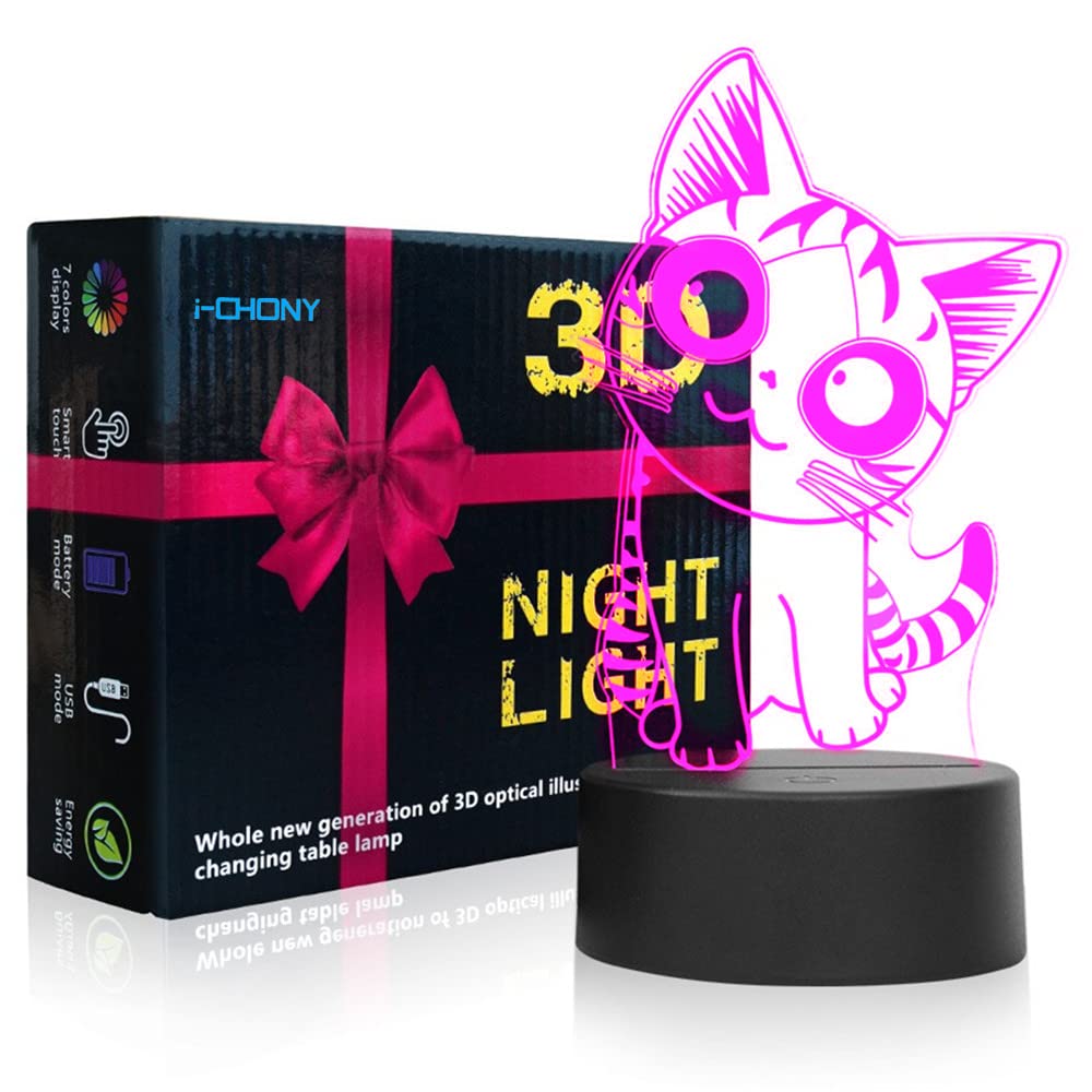 i-CHONY Cat Table Lamp, 3D Illusion Night Light, Auto Color Changing, Plastic, for Kids, Cute Cat Gifts, Red, Blue, Green, Yellow, Purple, Cyan,