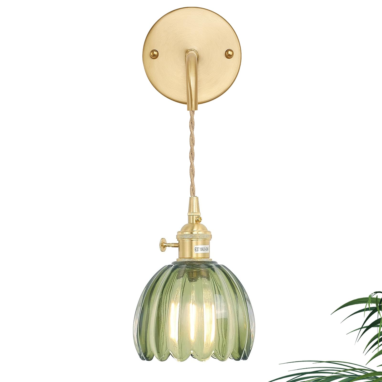 Shenmoyl Vintage Wall Sconce Wall Lamp Green Tulip Shade Pattern Glass Adjustable Chain Retro Gold Wall Mounted Light, Wall Lamp Fixtures Decor For Bedside Bedroom Indoor Doorway