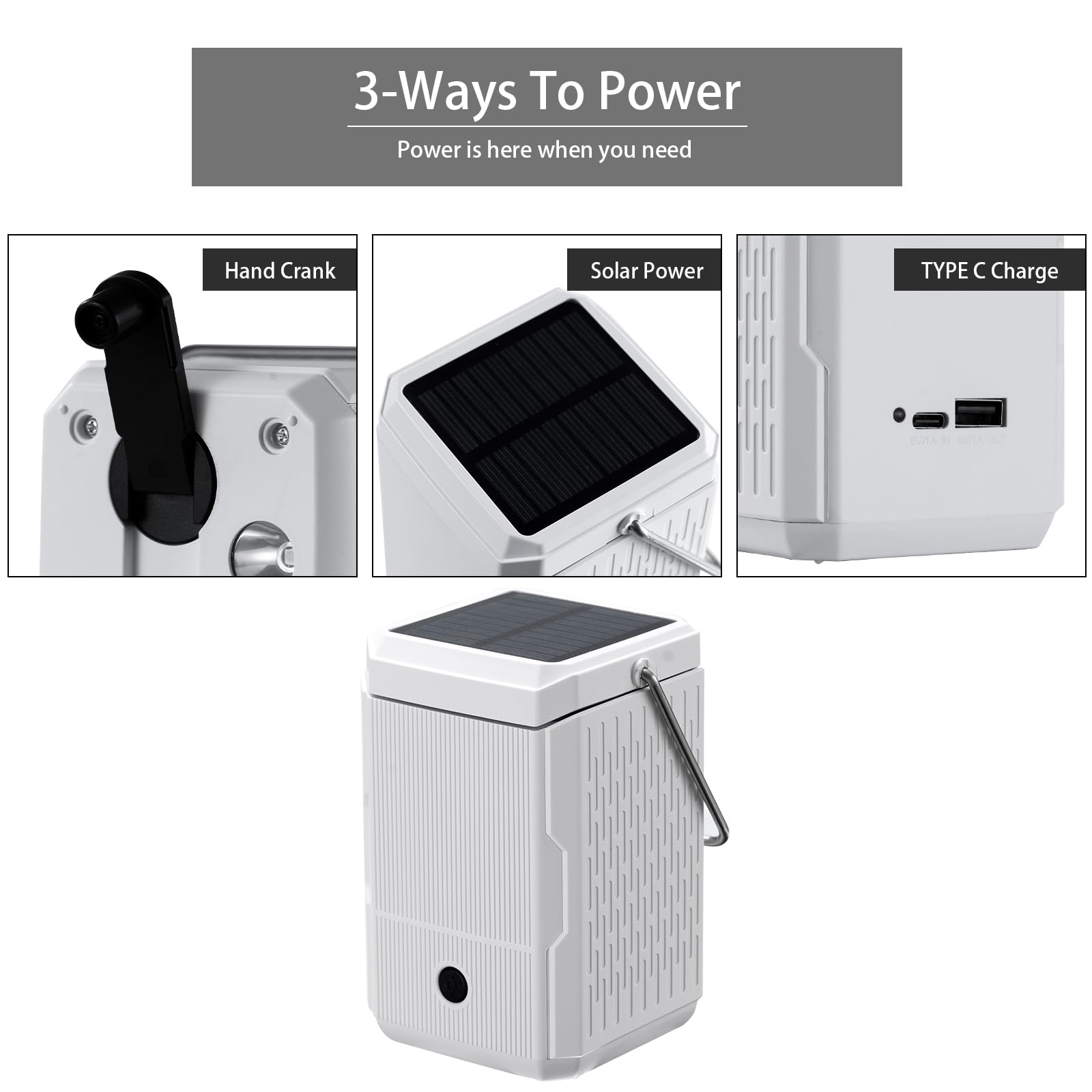 Camping Lantern Rechargeable, Hand Crank & Solar Camping Lights with USB Output, Tent Lights for Camping, Portable Camp Lamp, Ca