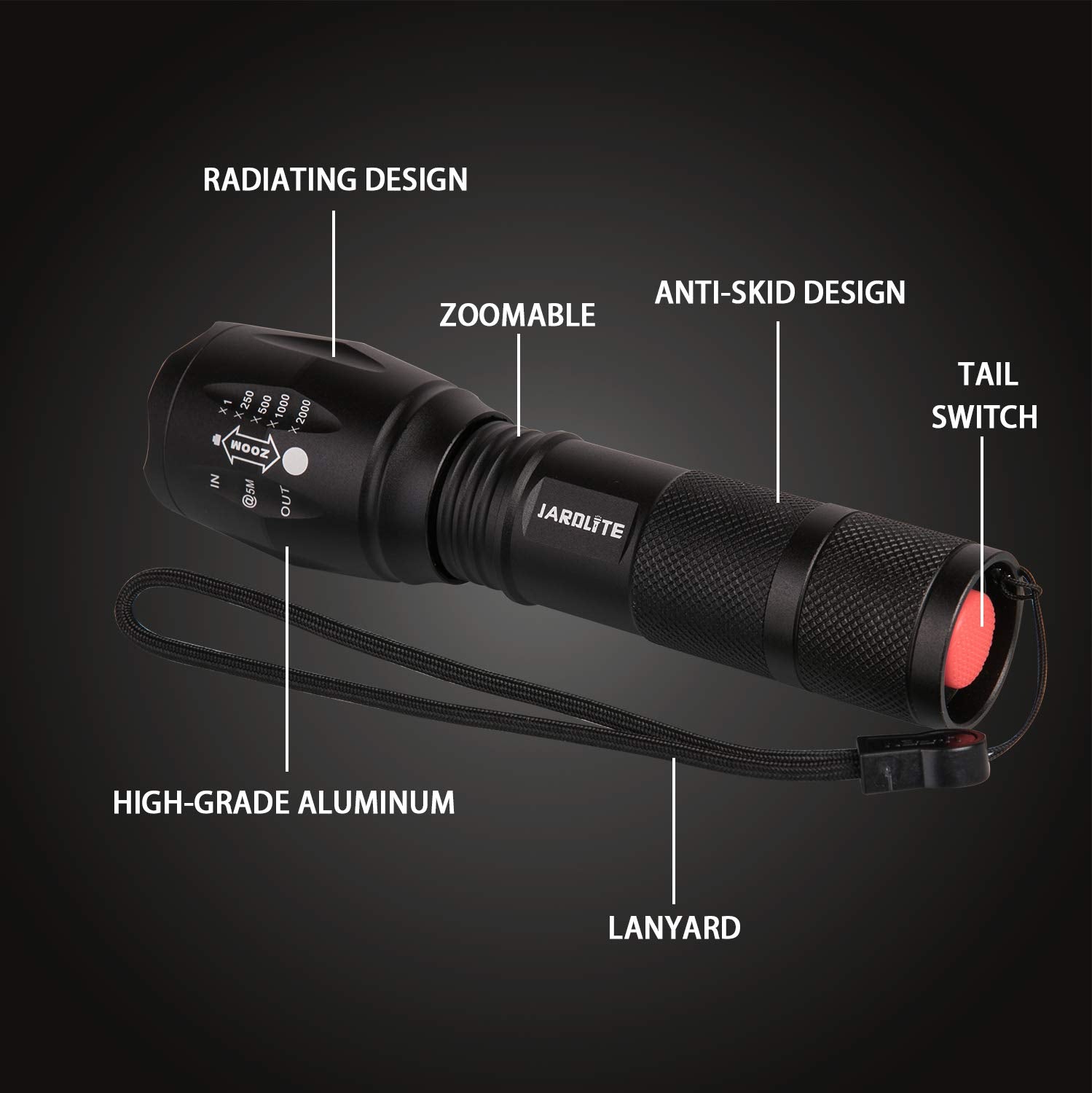 JARDLITE 8 Pack LED Handheld Flashlight, Water Resistant, Adjustable Focus, Model 8L1000