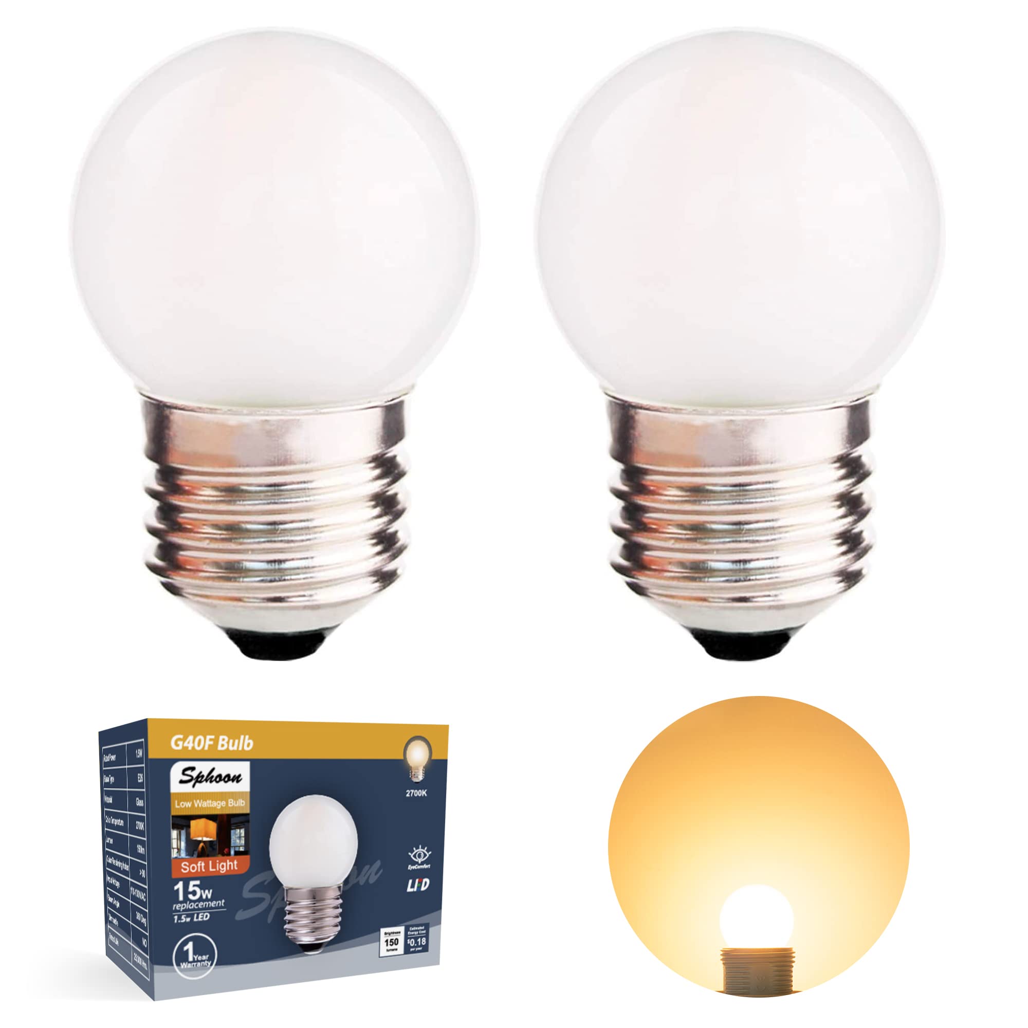 Sphoon G40 LED Bulb, 1.5W Equivalent to 15W, E26 Base, Frosted Warm White 2700K, 150lm, Pack of 2