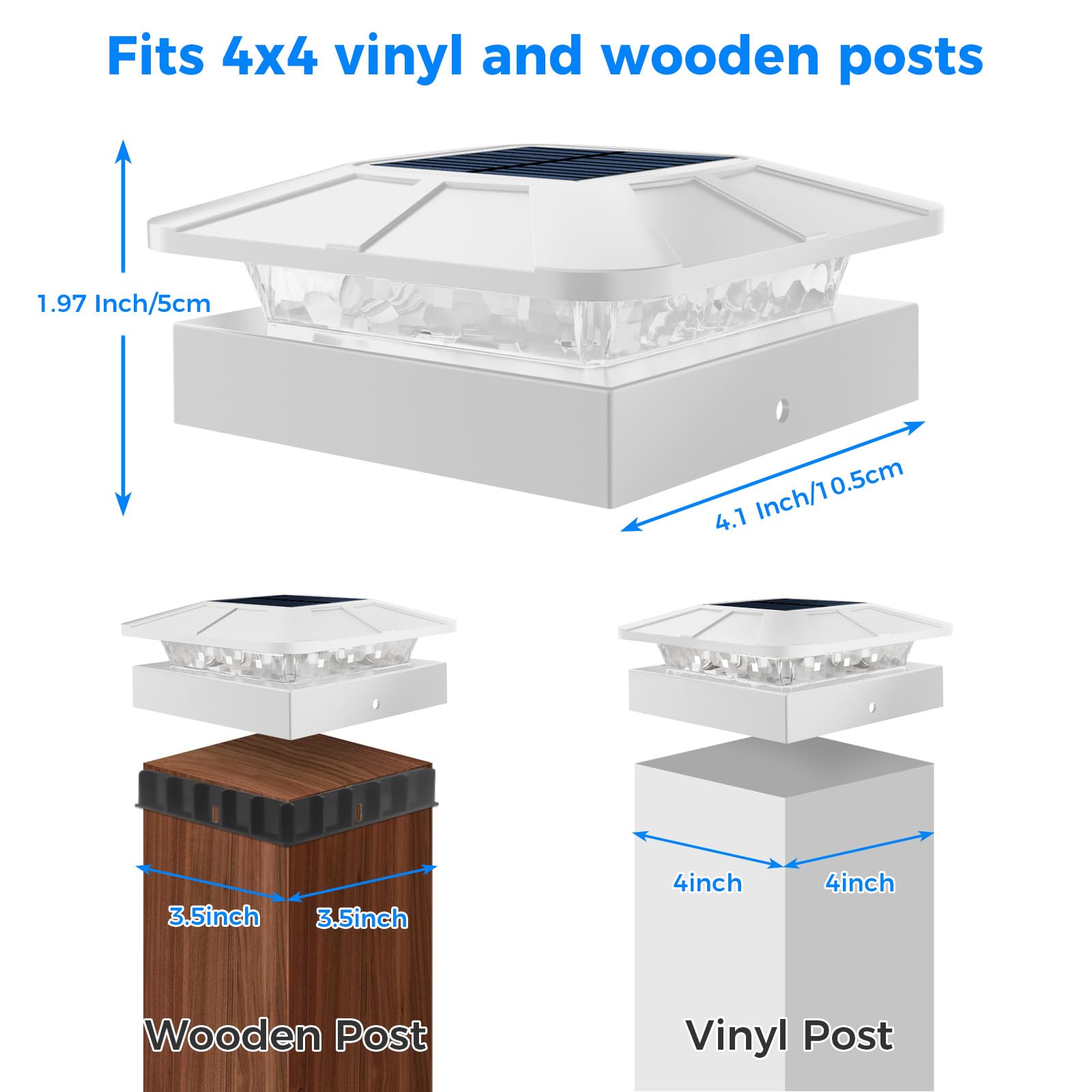 Peasur Solar Post Cap Lights - 4x4 Waterproof LED Outdoor Lights, 3 Lighting Modes, White, Model P4x4SOLAR