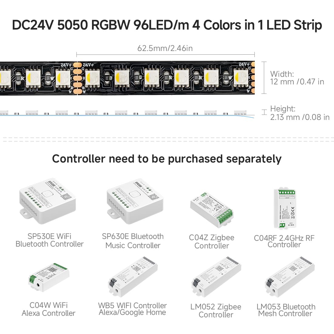 BTF-LIGHTING 5050 RGBW LED Tape Lights 5m 96LED/m DC24V IP30 Black PCB RGB+Cool White
