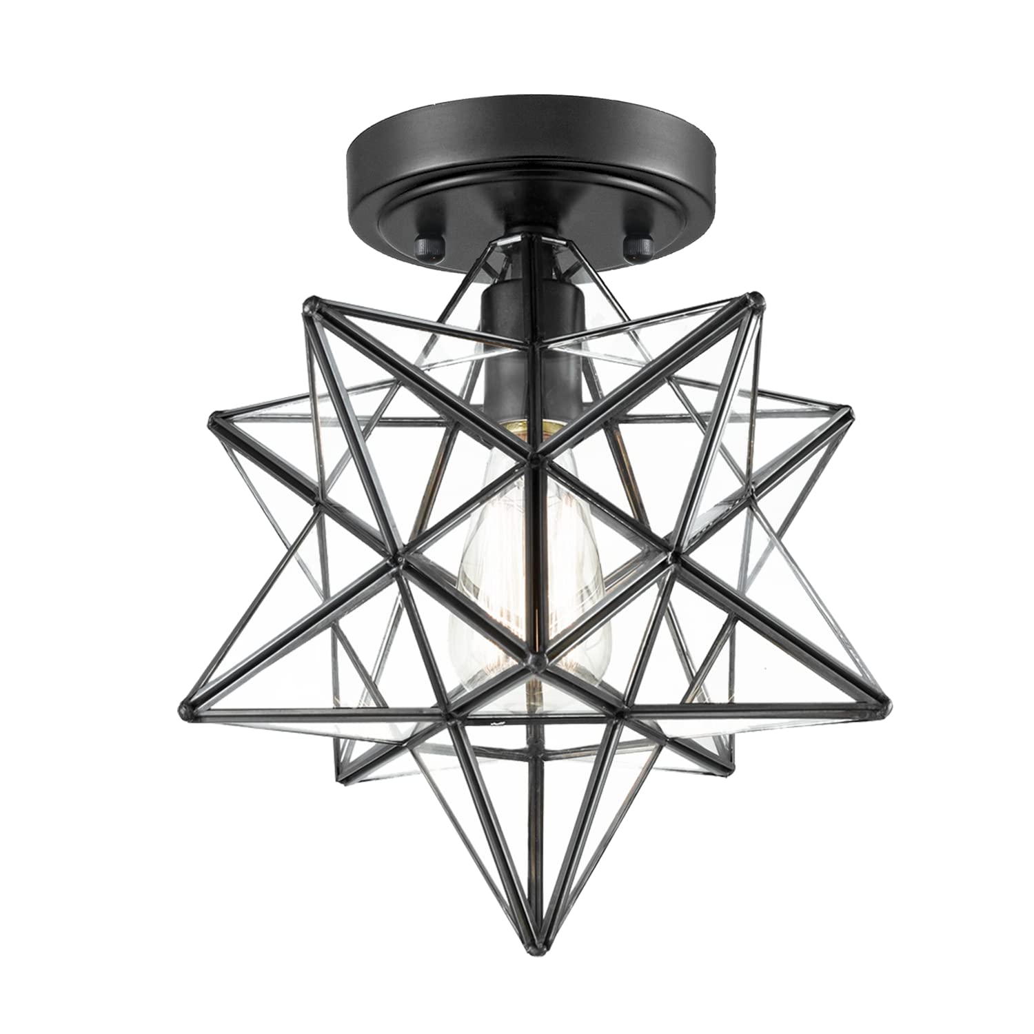 AXILAND 12-Inch Black Copper Moravian Star Ceiling Light Fixture, Clear Glass Shade, Model WT7030C-3