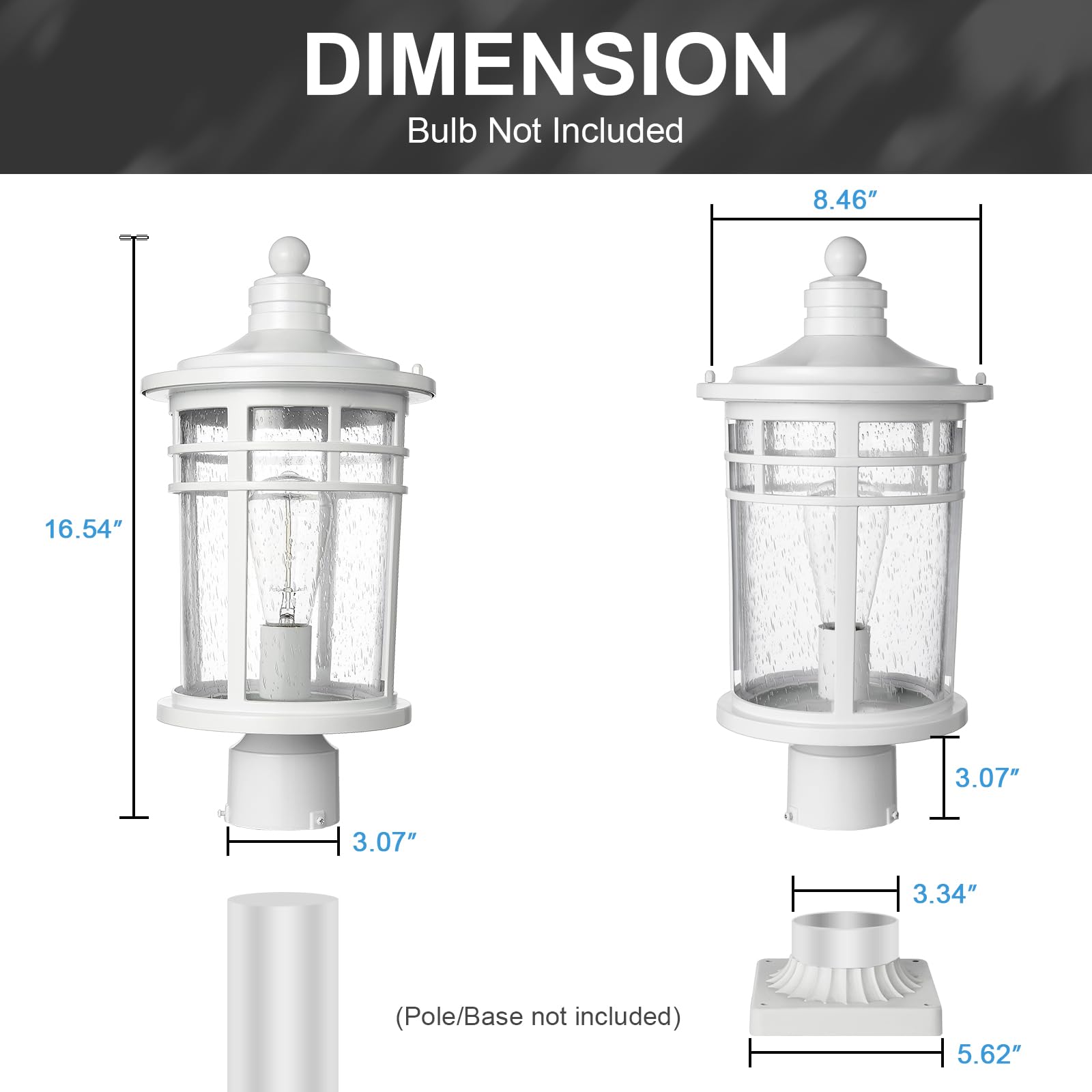 Darkaway Outdoor Post Lights, Waterproof Aluminum Lamp, 17in Large, White, Model 6X20P-M WH, For Patio and Yard
