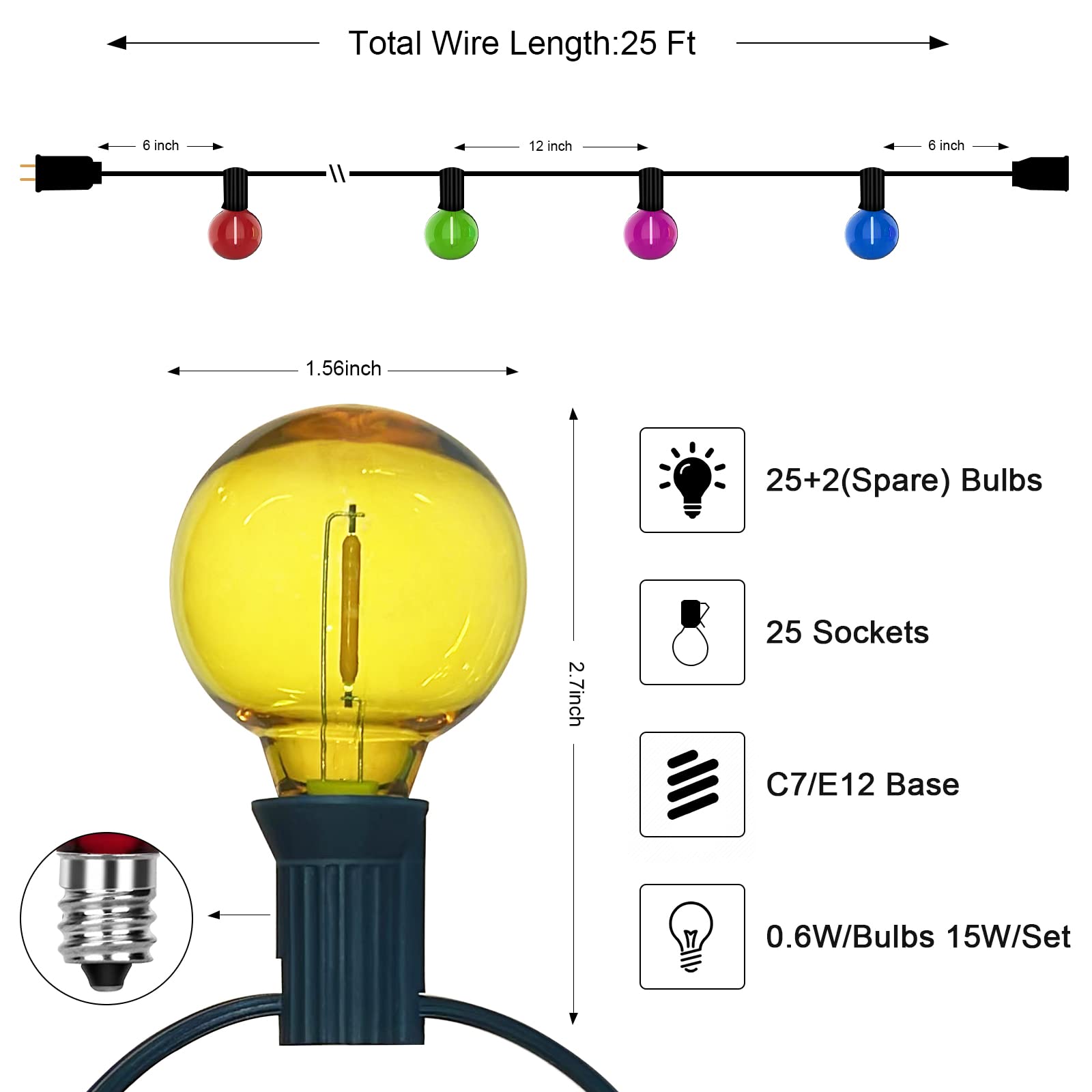 G40 Led Outdoor String Lights,25Ft Globe Multicolor Christmas Decorations String Lights With 27 Shatterproof Led Bulbs, Hanging