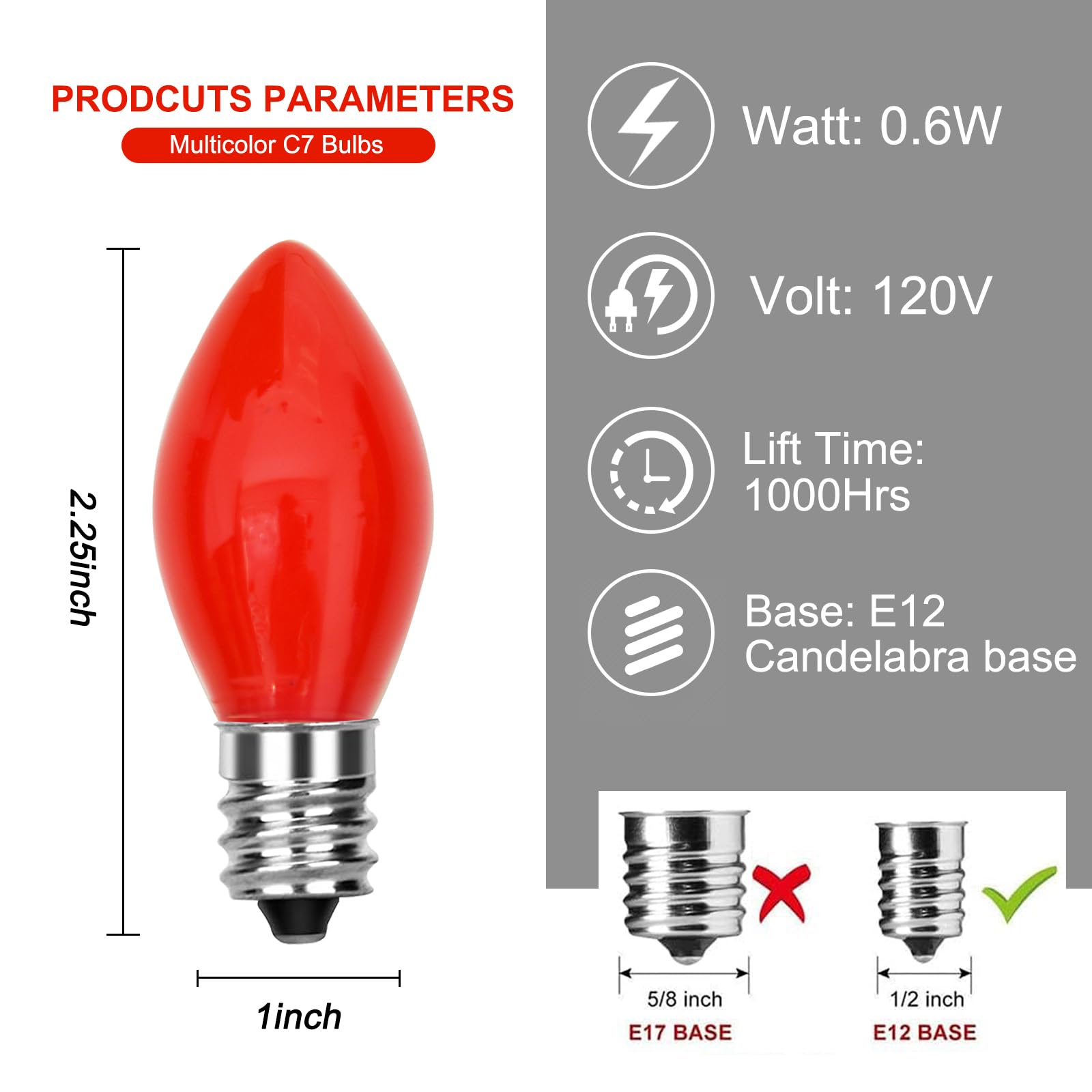 Oviejo C7 Christmas Light Bulbs, 25 Pack C7 Red Replacement Bulbs 0.6W Night Light Bulbs Vintage Led Replacement Bulbs, C7/E12 C