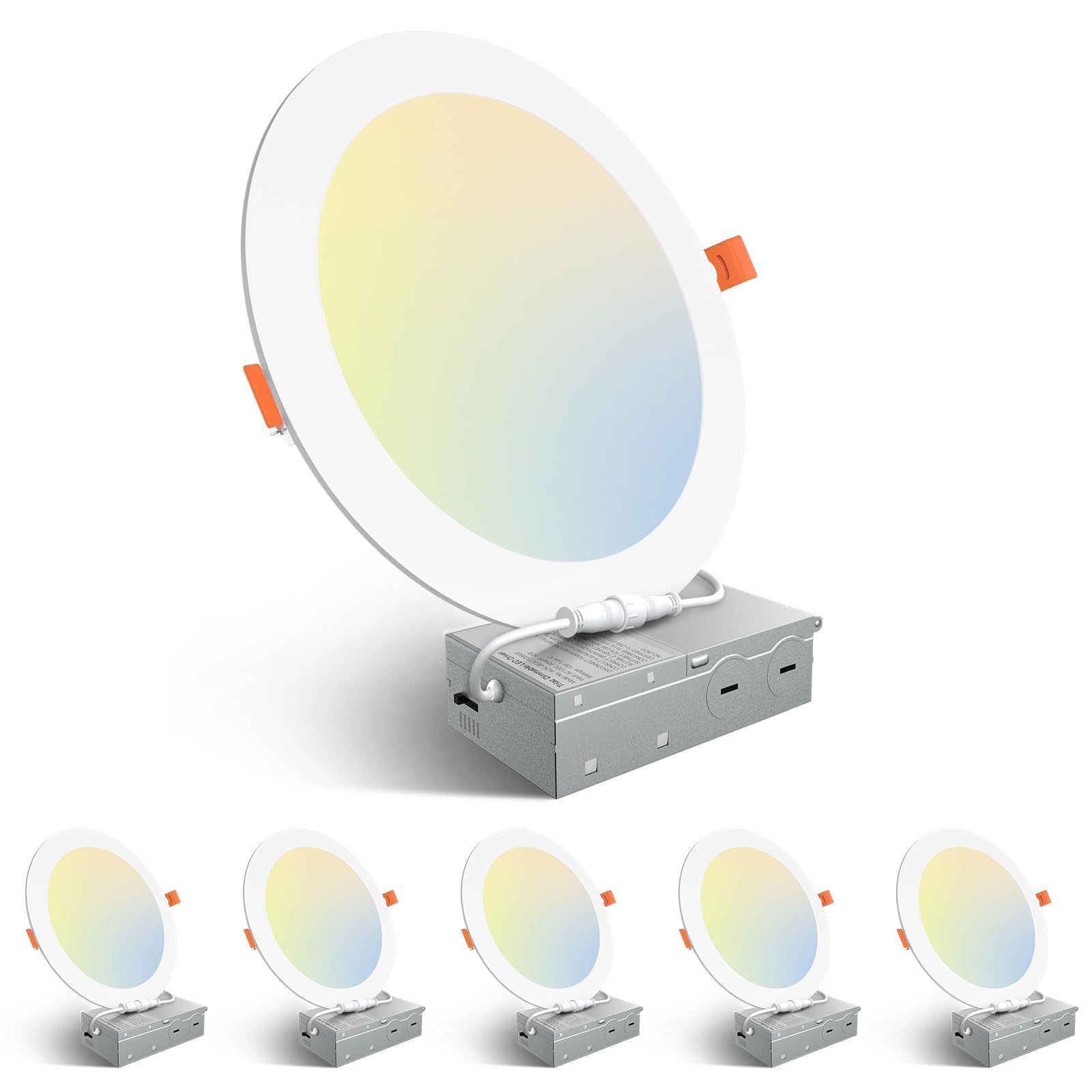 Amico 6 Pack 8 Inch 5CCT Ultra-Thin LED Recessed Ceiling Light with Junction Box, 2700K/3000K/3500K/4000K/5000K Selectable, 18W 