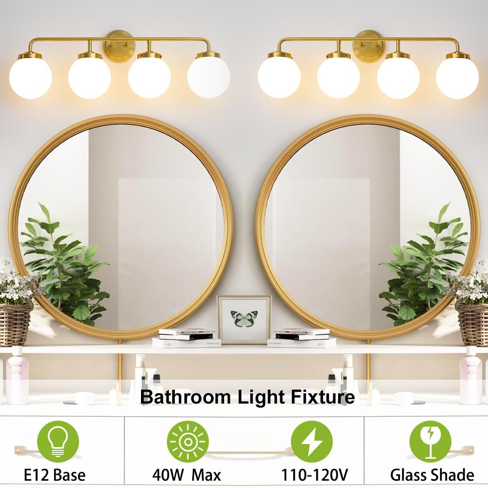 Deyidn Bathroom Light Fixtures Gold Vanity Lights Over Mirror, Modern Wall Sconce Lighting 4-Light With White Glass Globe Shade