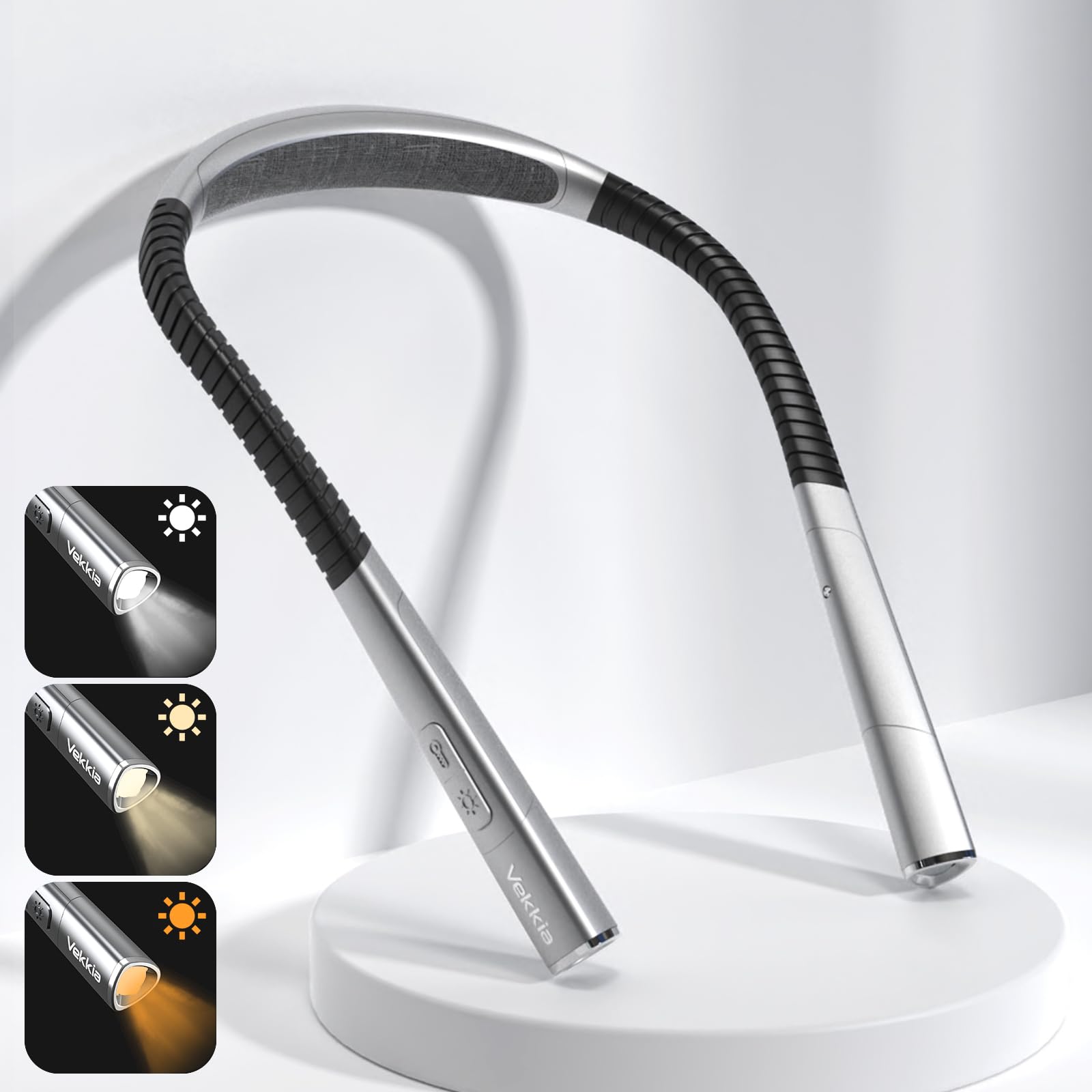 Vekkia LED Neck Reading Light, Rechargeable, 3 Colors, 5 Brightness Levels, Starry Grey, Model NL-2023, Plastic Material