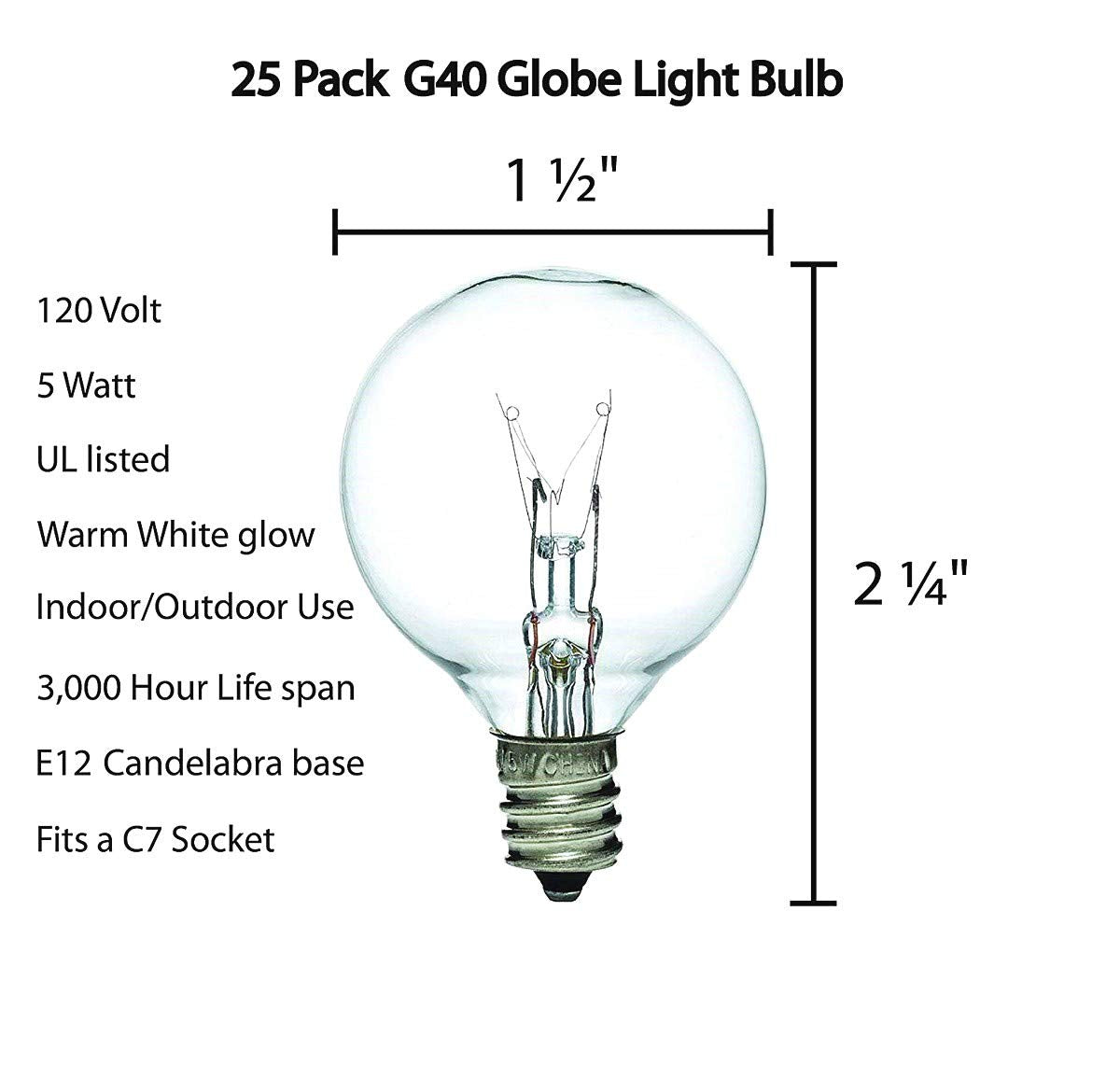 SUNSGNE G40 Clear Globe Light Bulbs 5 Watt 1.5-Inch E12 C7 Sockets 25 Pack