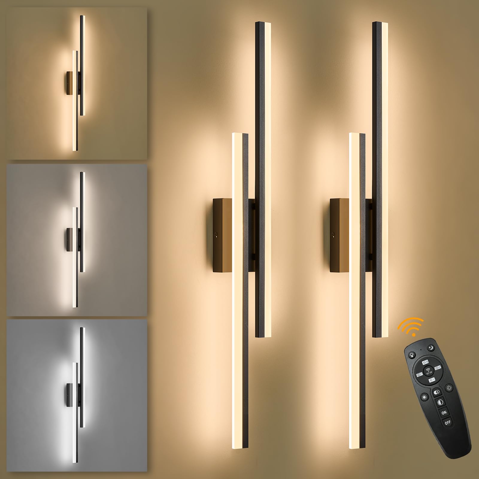 Sparklelf LED Wall Sconce Set of 2 Black Remote Modern LED Vanity Lights Set of 2 Indoor Wall Light Fixtures for Living Room  Dimmable Wall Sconce for Bedside Bedroom Bathroom  31.5inch 2 Pack