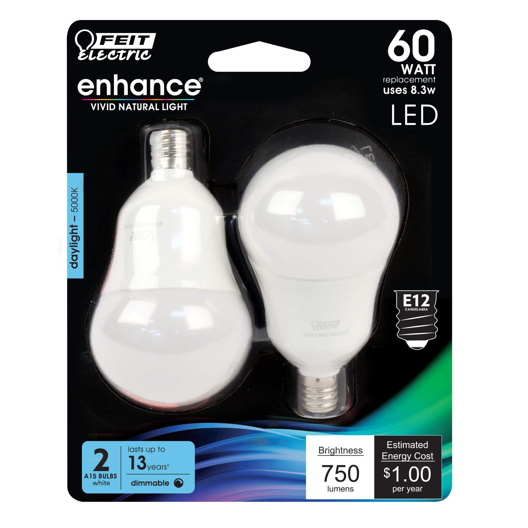 Feit Electric LED Light Bulbs, 60W Equivalent, 5000K Bright White, 2 Count, Model BPA1560C/950CA/2